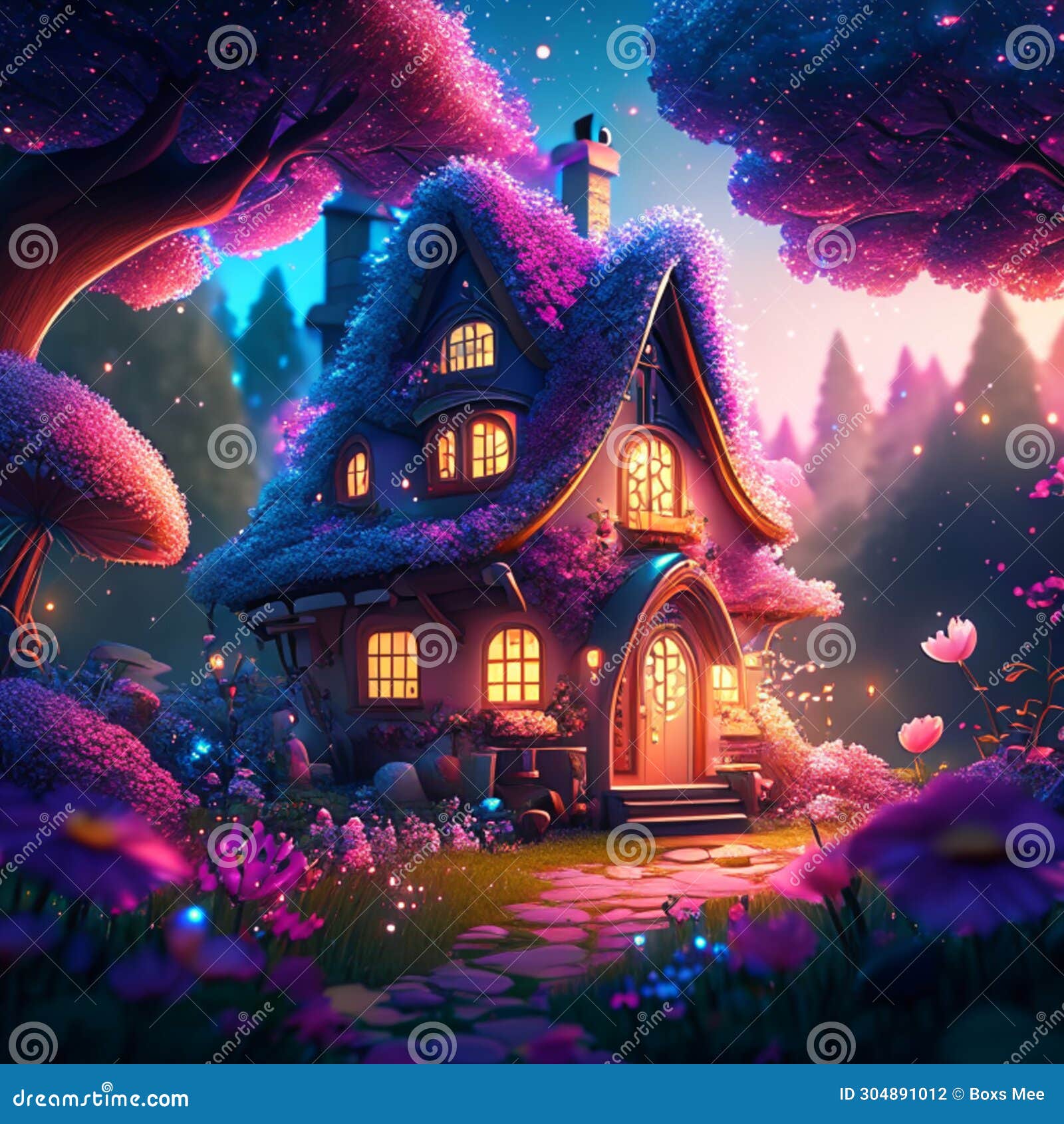 3D Illustration of a Fairy Tale House in the Forest at Night Generative ...