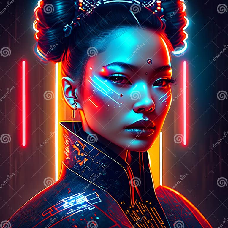 3D Illustration of a Female Cyborg with Neon Light Effect. Generative ...