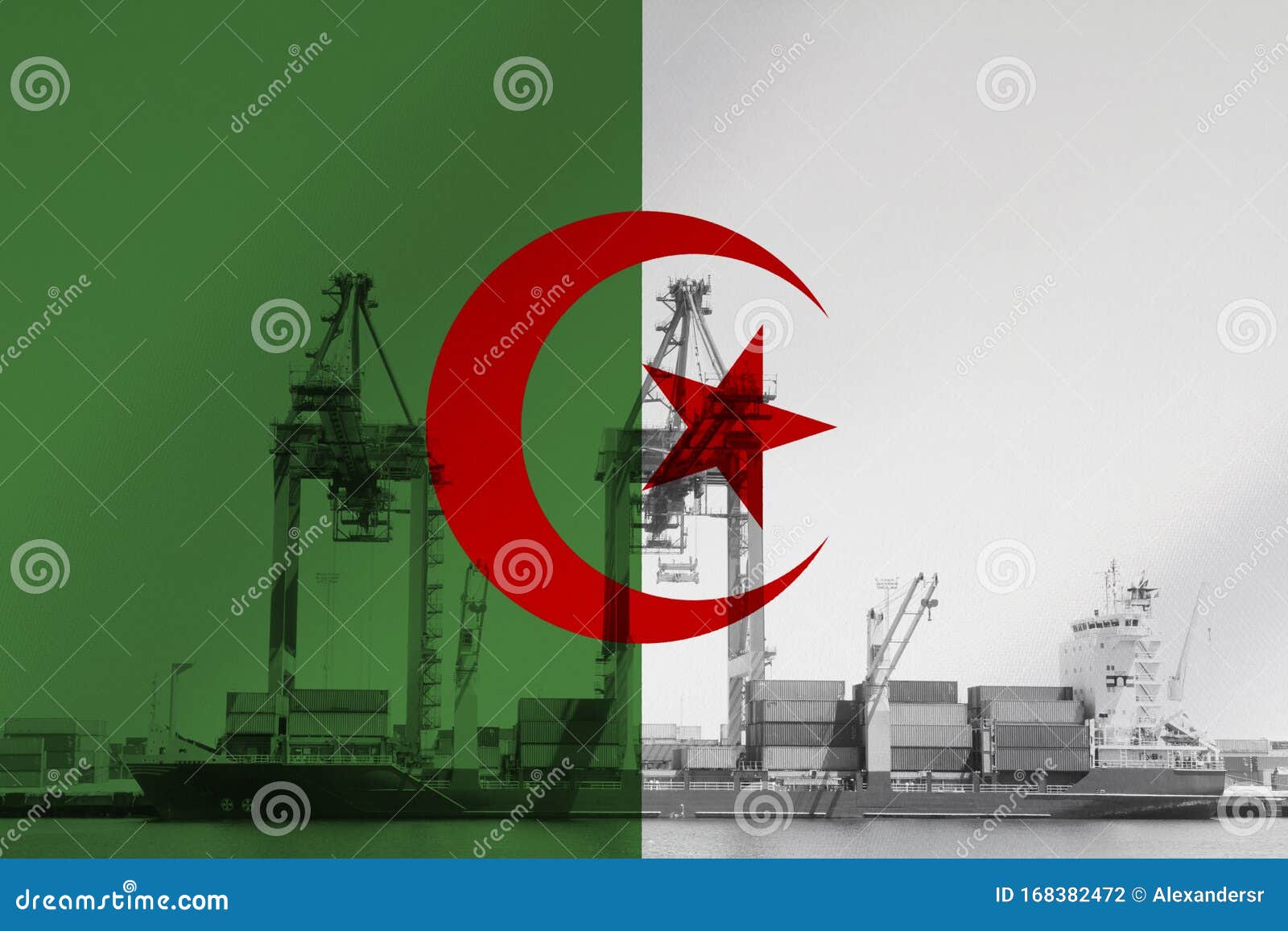 3d  flag of argelia with image of harbour cranes loading ship