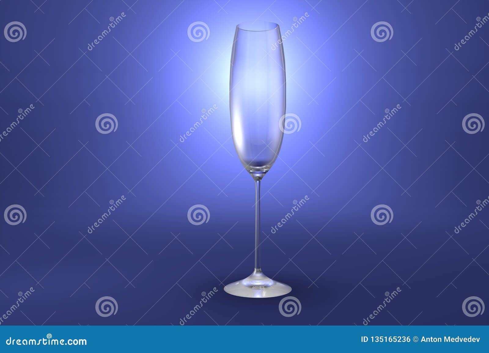 3D Illustration of Flute Champagne Glass on Light Blue Highlighted