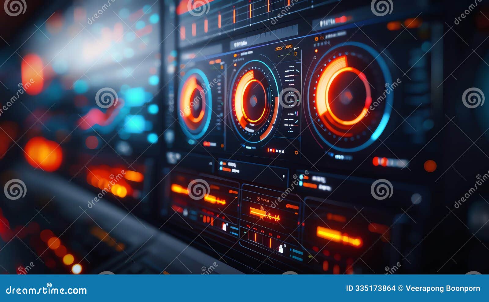 3d  of futuristic ui, multi-screen setup, data visualizations, vibrant neon s