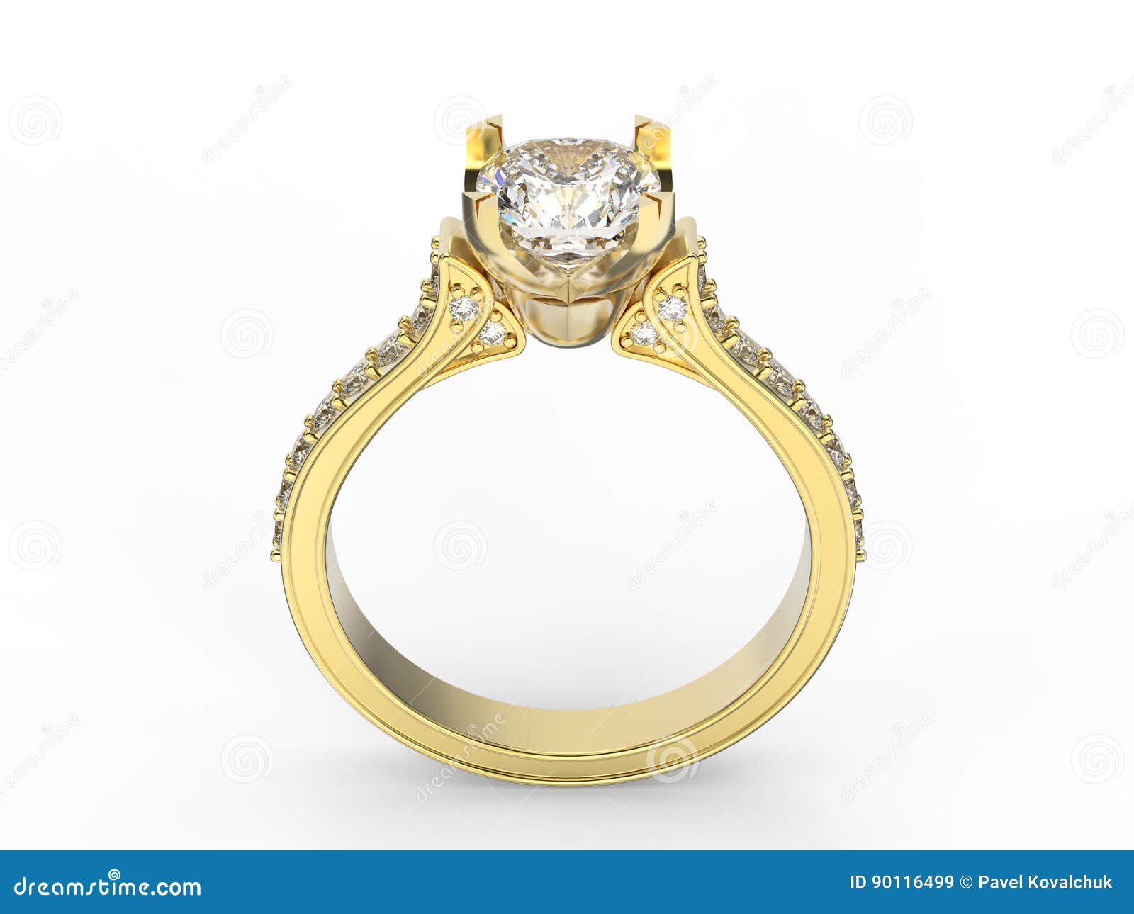 3D Illustration Gold Ring with Diamonds Stock Illustration
