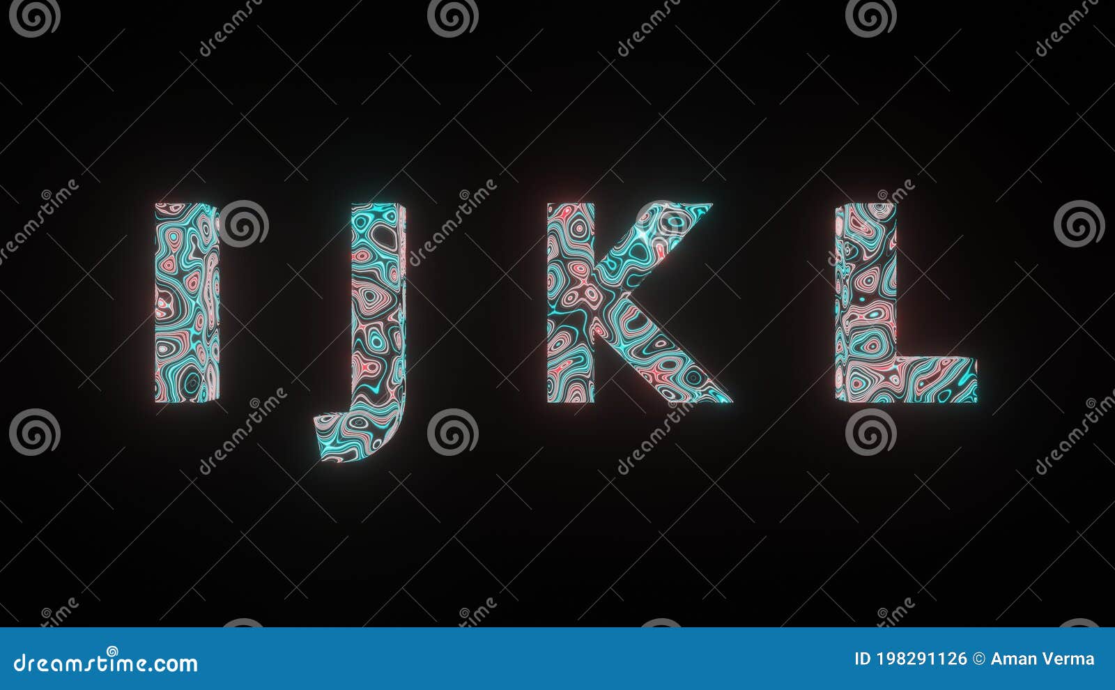 3d  graphic of beautiful texture or pattern formation on the text i j k l,  on black background.