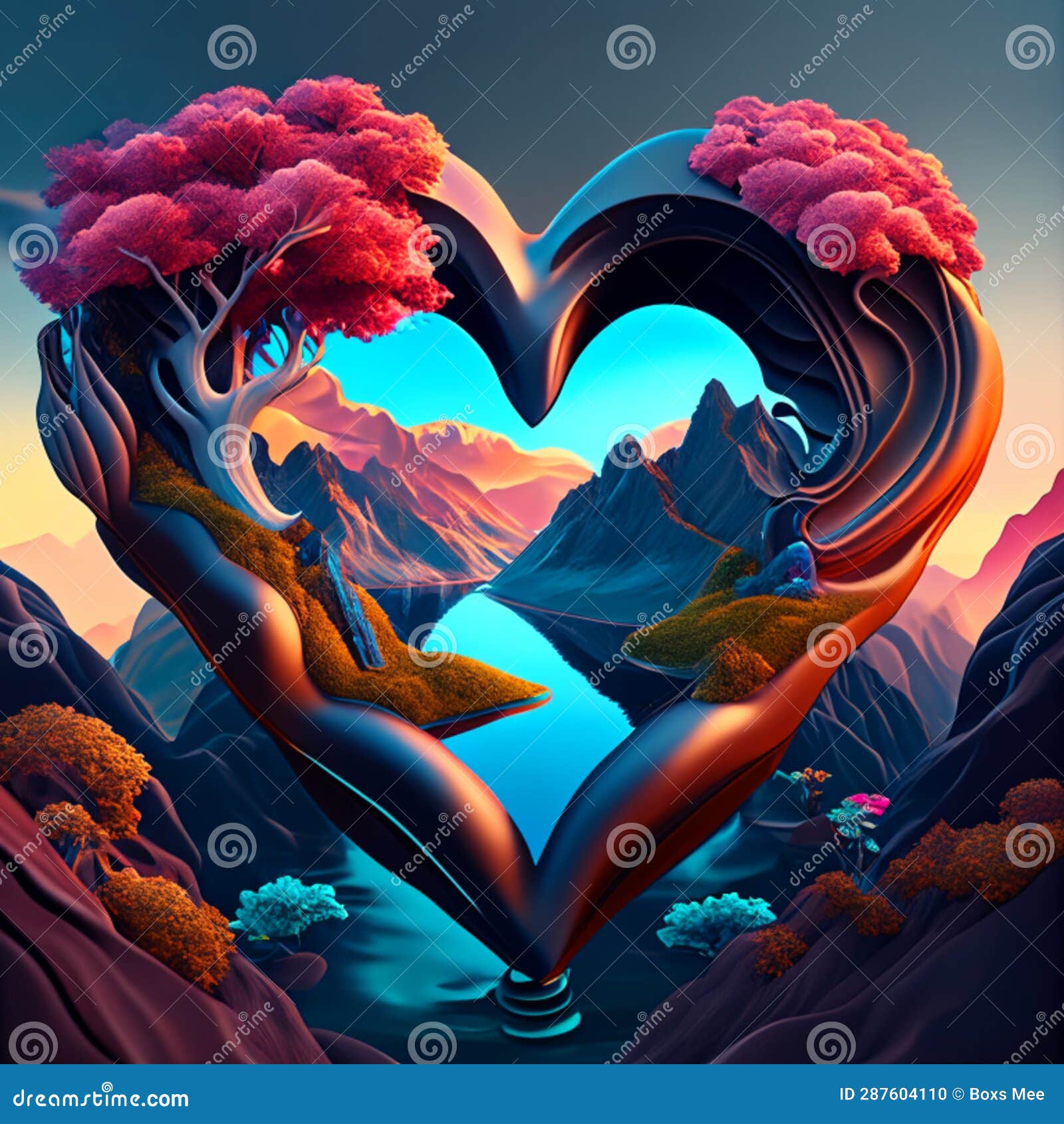 3D Illustration of a Heart Shaped Landscape with a Lake and Mountains ...
