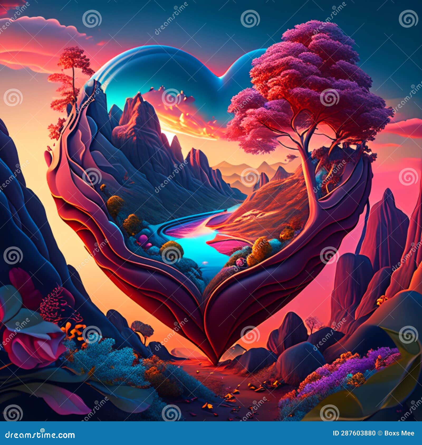 3d Illustration of a Heart-shaped Landscape with a Lake and Mountains ...