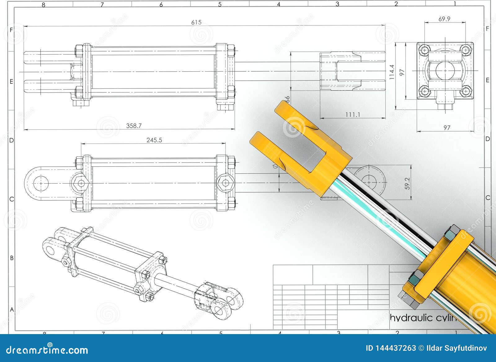 3d Illustration of Hydraulic Cylinder Stock Illustration Illustration