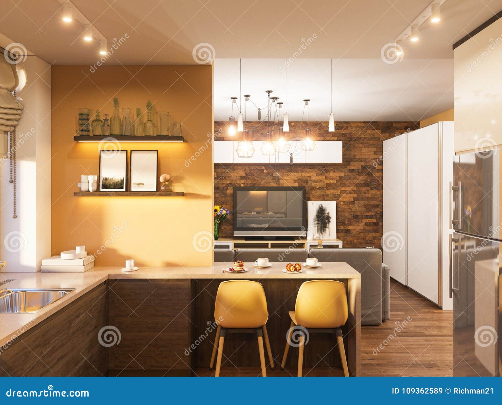 3d Illustration Of The Interior Design Of The Kitchen In A