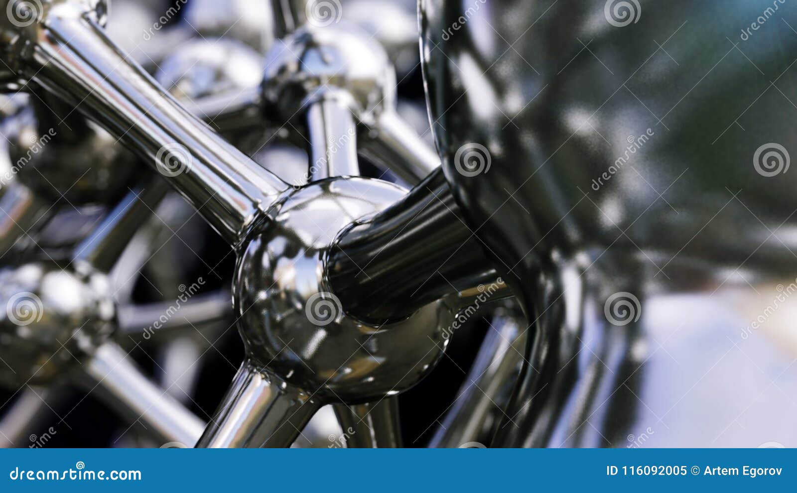 3D Illustration of Iron Molecule Made of Stainless Steel Stock