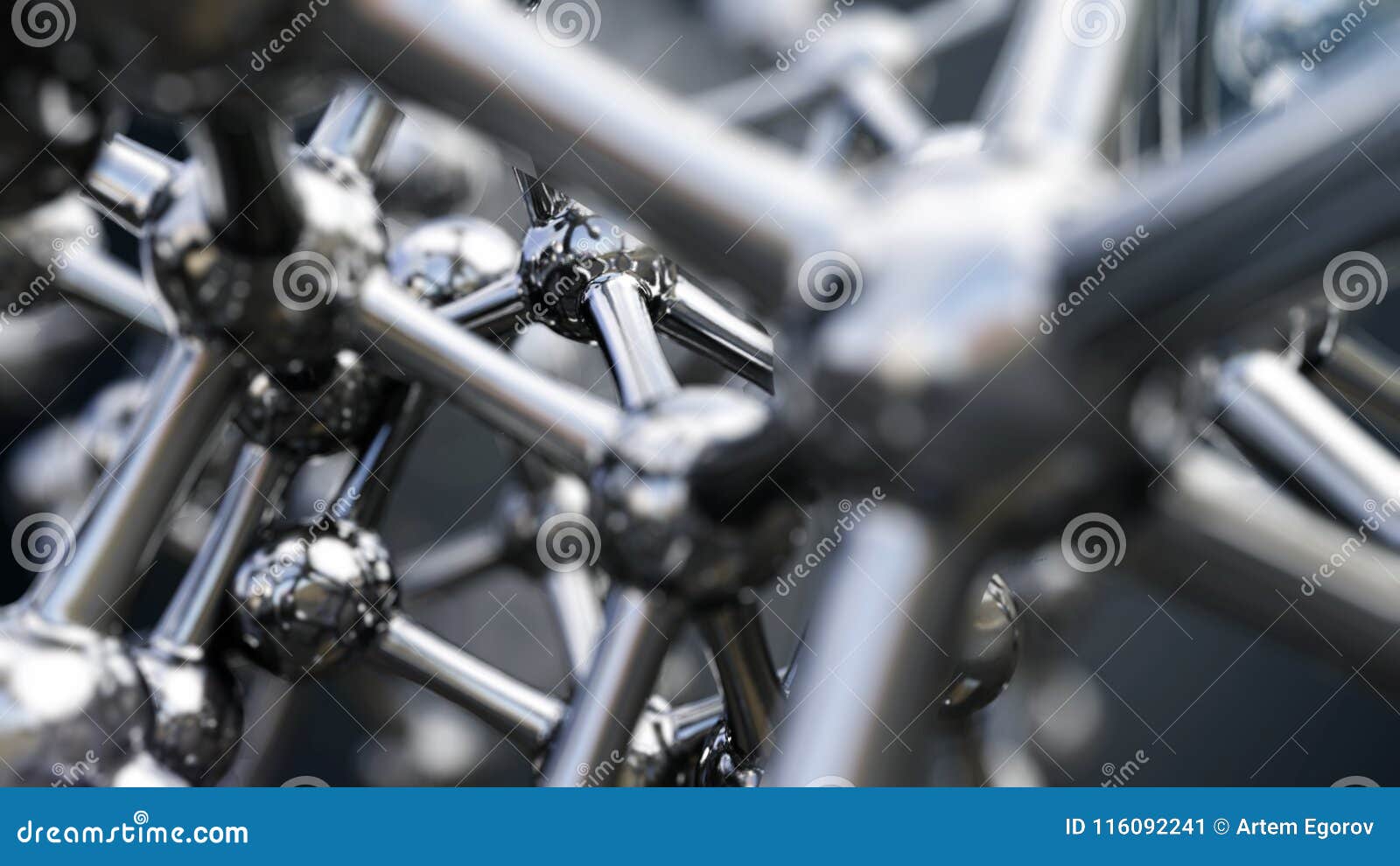 3D Illustration of Iron Molecule Made of Stainless Steel Stock