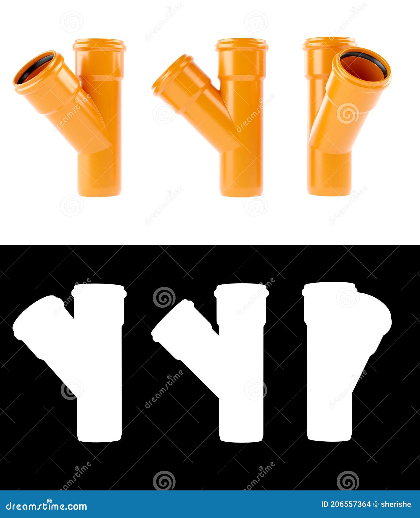 3d ,  on white pvc sewer pipe fittings with luma key