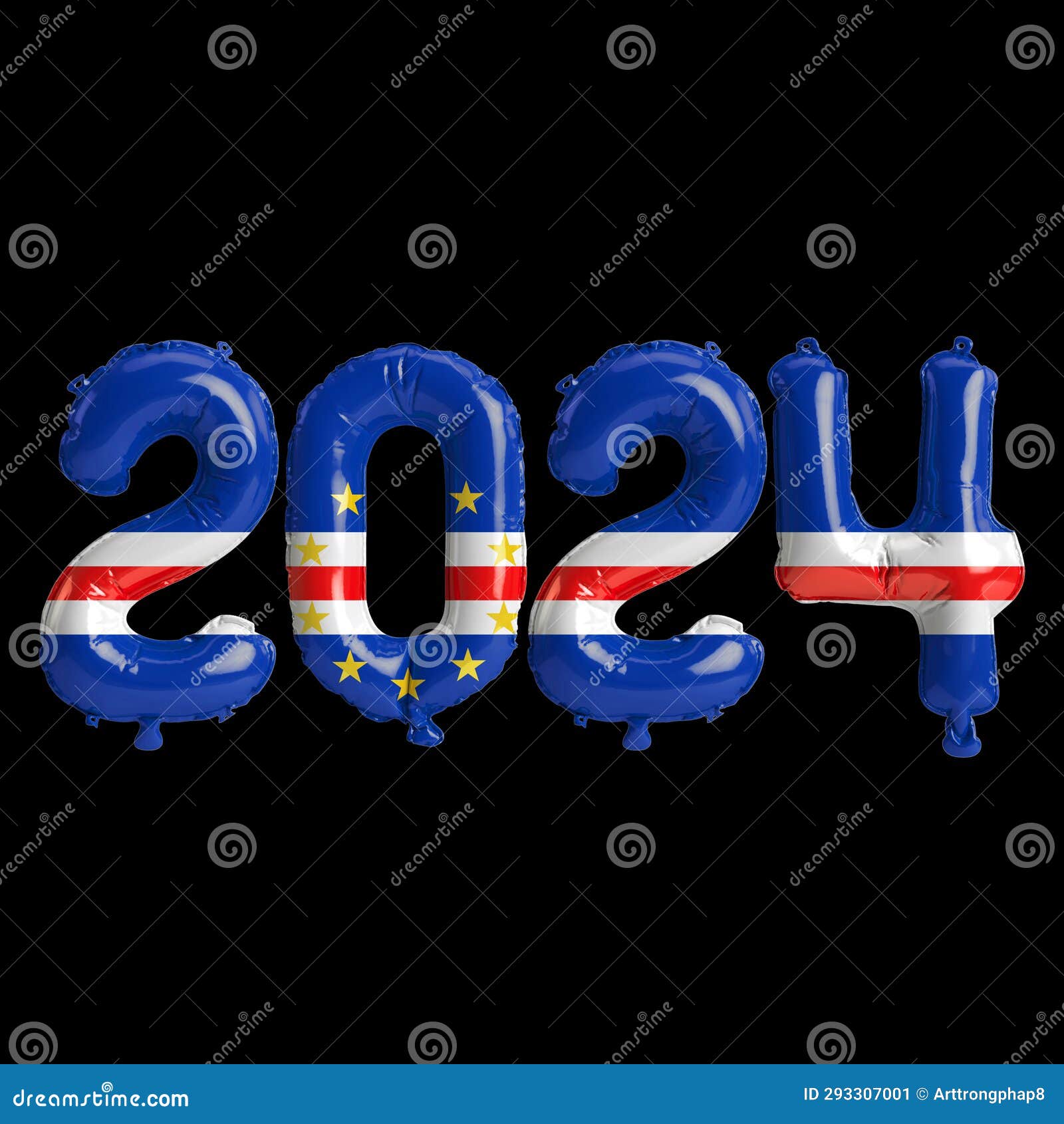 3d  of letter about new year 2024 with balloons on color cape verde flag