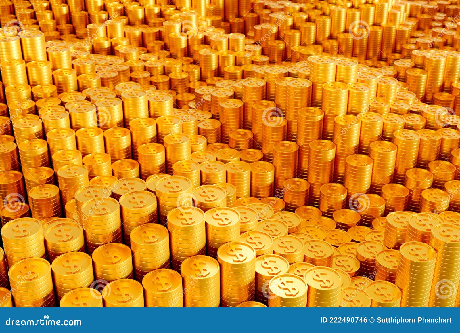 gold dollar coins arranged in rows. can be used as a background related to finance and business .3d render