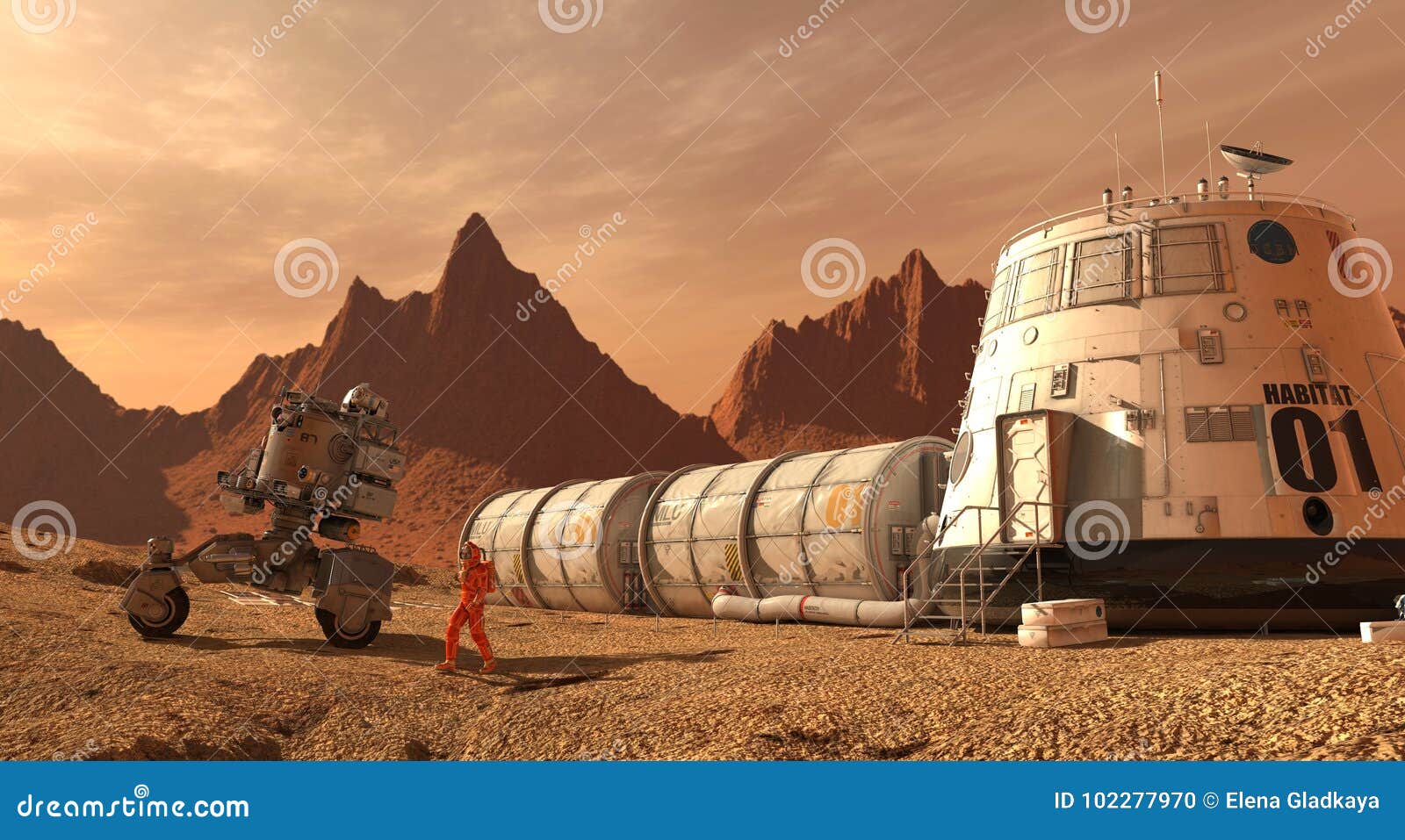 mars colony. expedition on alien planet. life on mars. 3d .