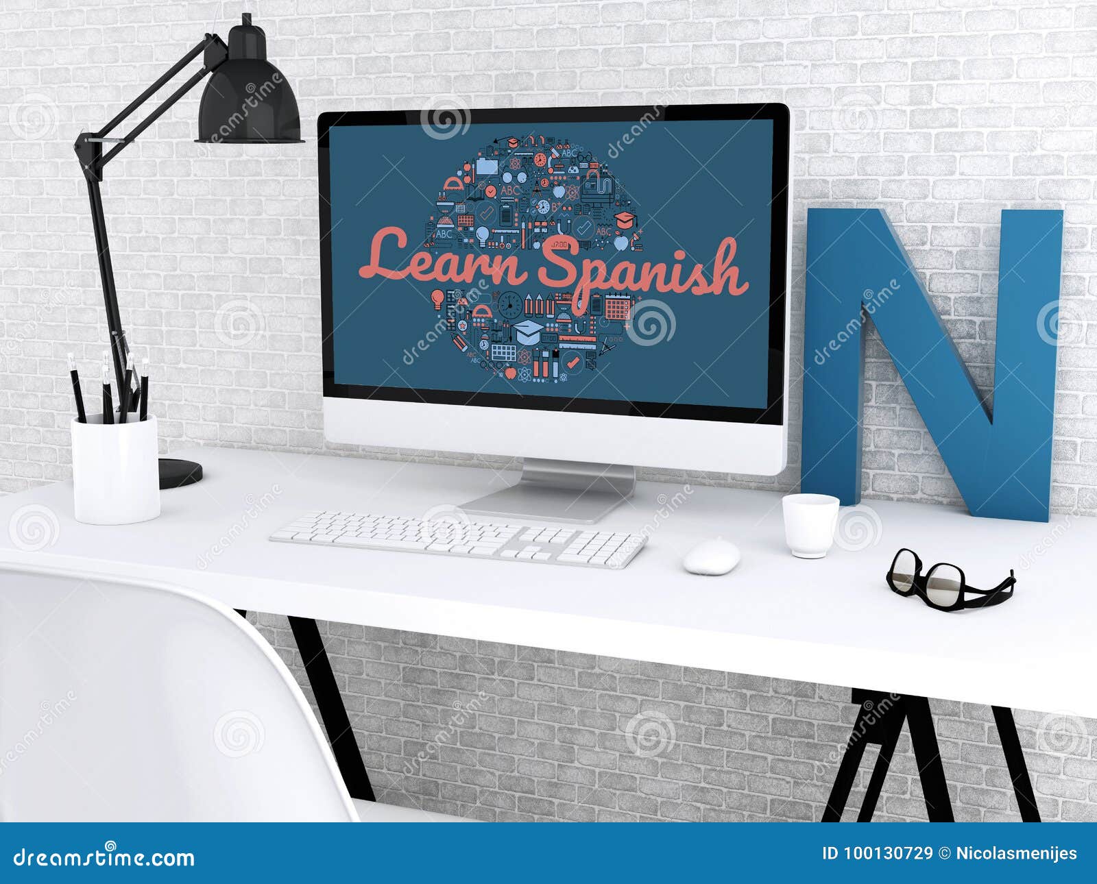 3d Student Workspace With Computer Stock Illustration