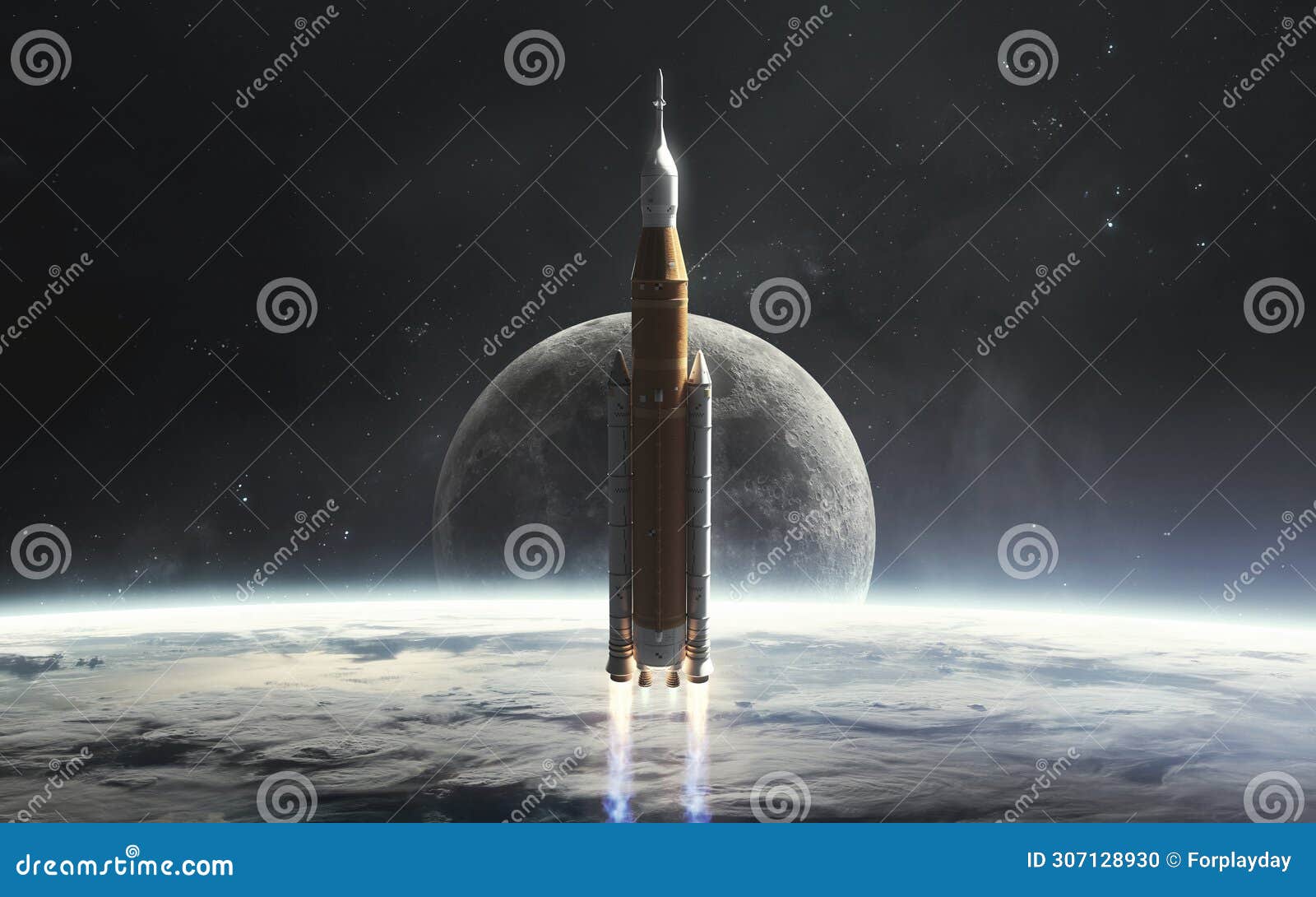 3d  of moon and sls rocket start. artemis space program. 5k realistic science fiction art. s of image provided