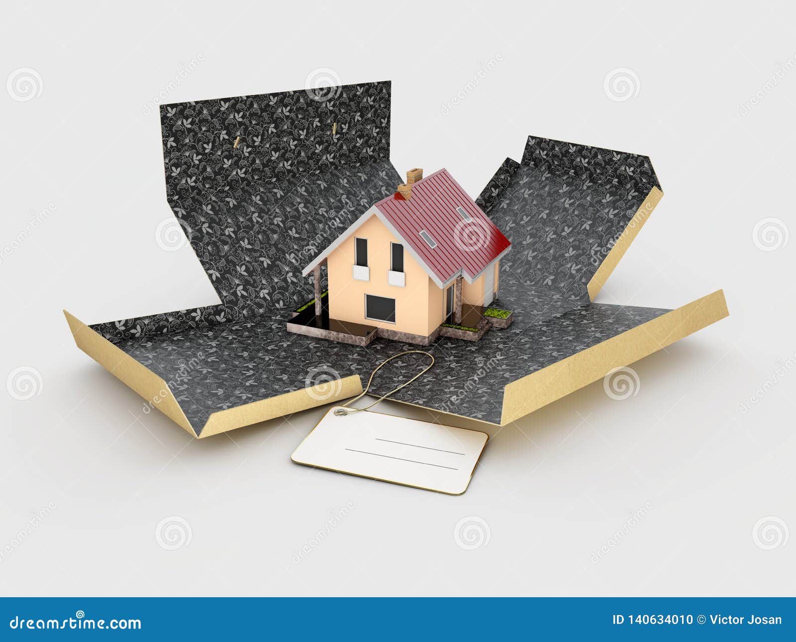 3d Illustration of Open Cardboard Box with House on White Background