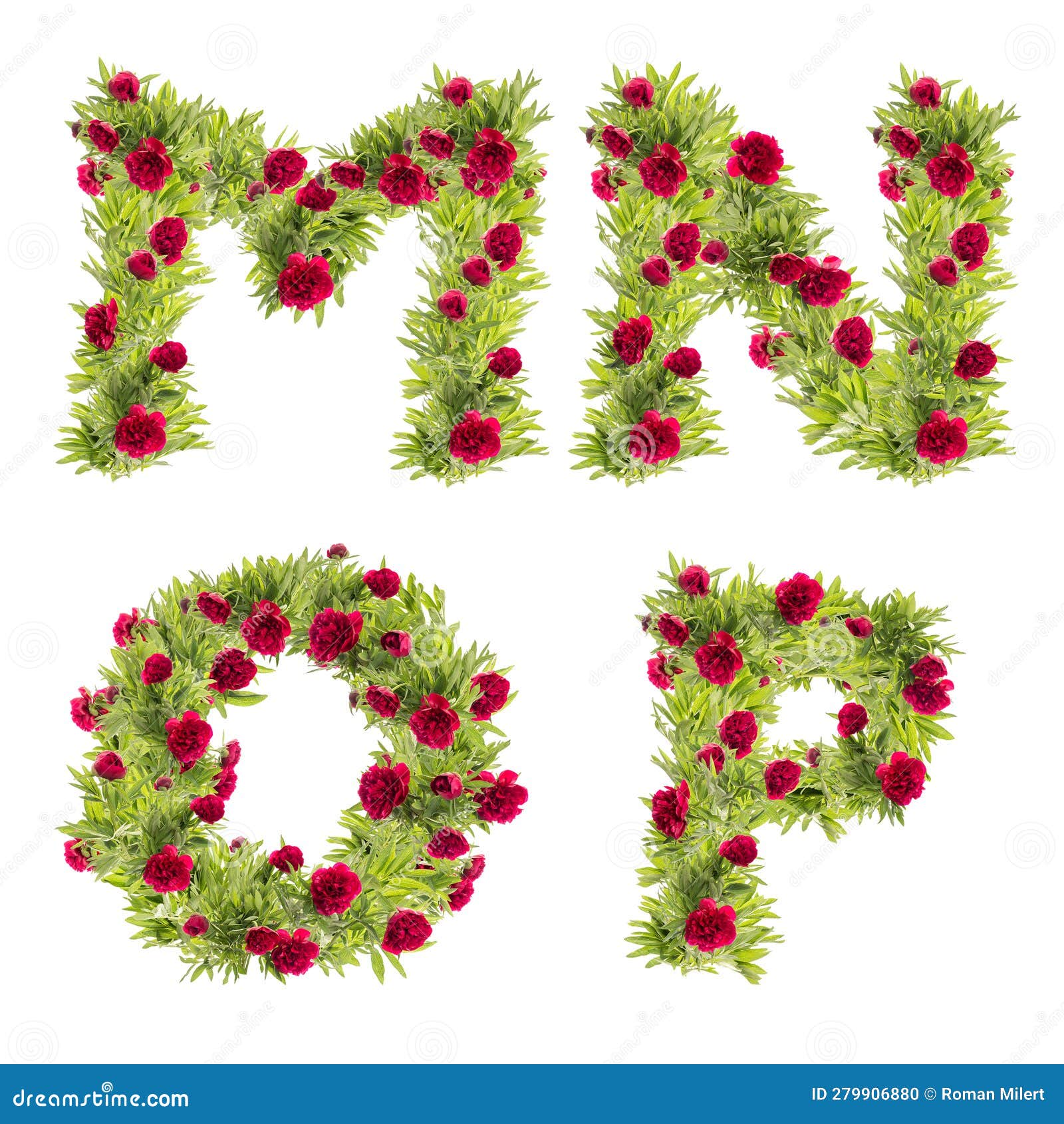 3d  of peony flowers alphabet - letters m-p