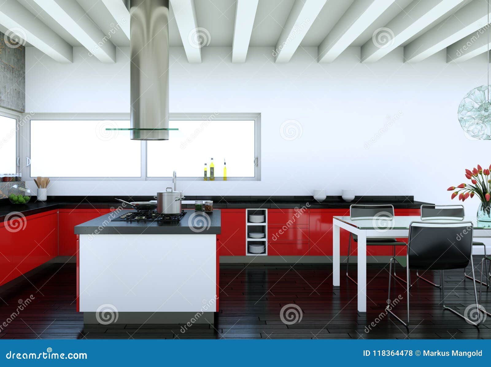 Red Modern Kitchen in a House with a Beautiful Design Stock