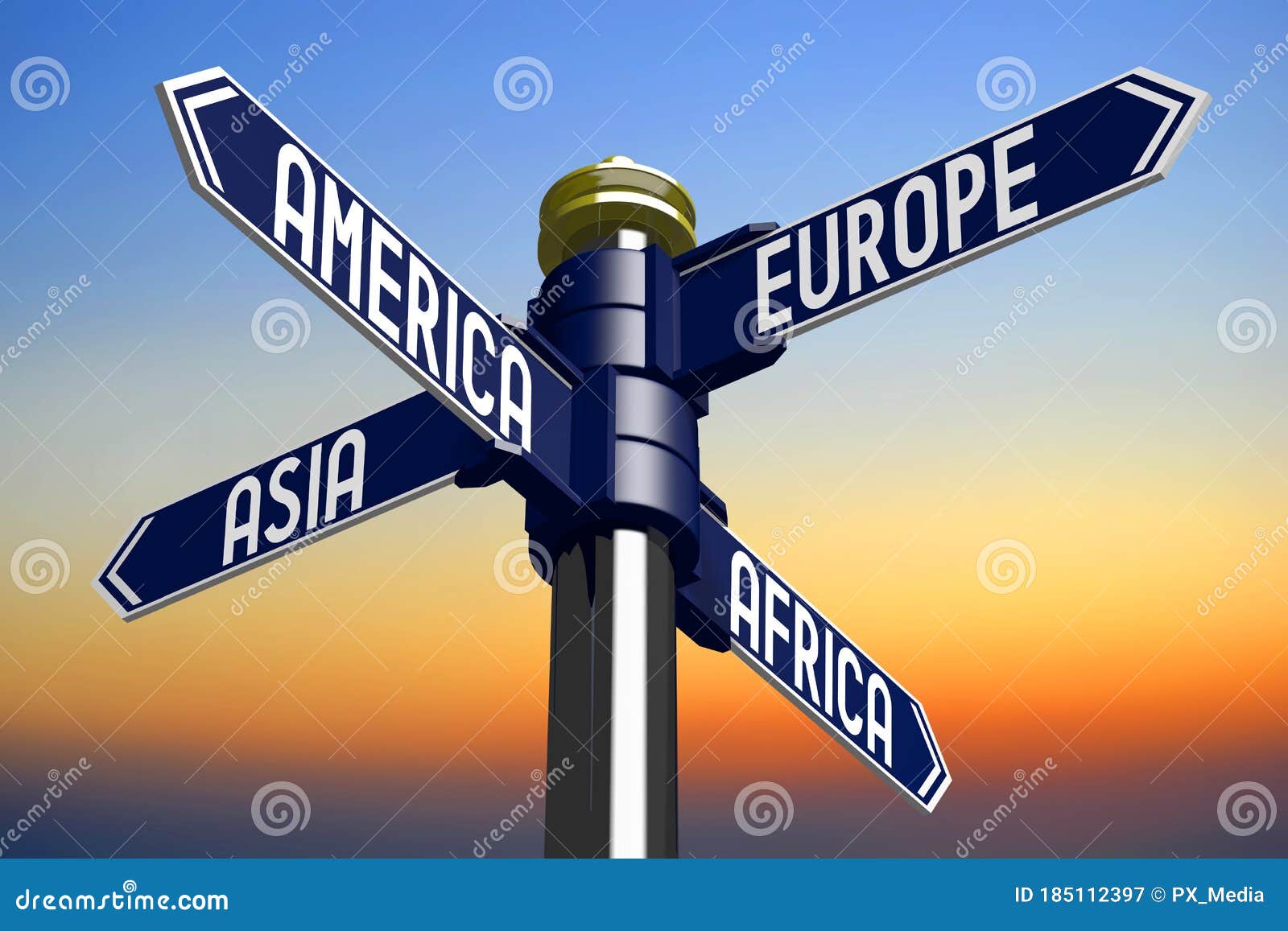Asia, America, Europe, Africa Signpost with Four Arrows Stock