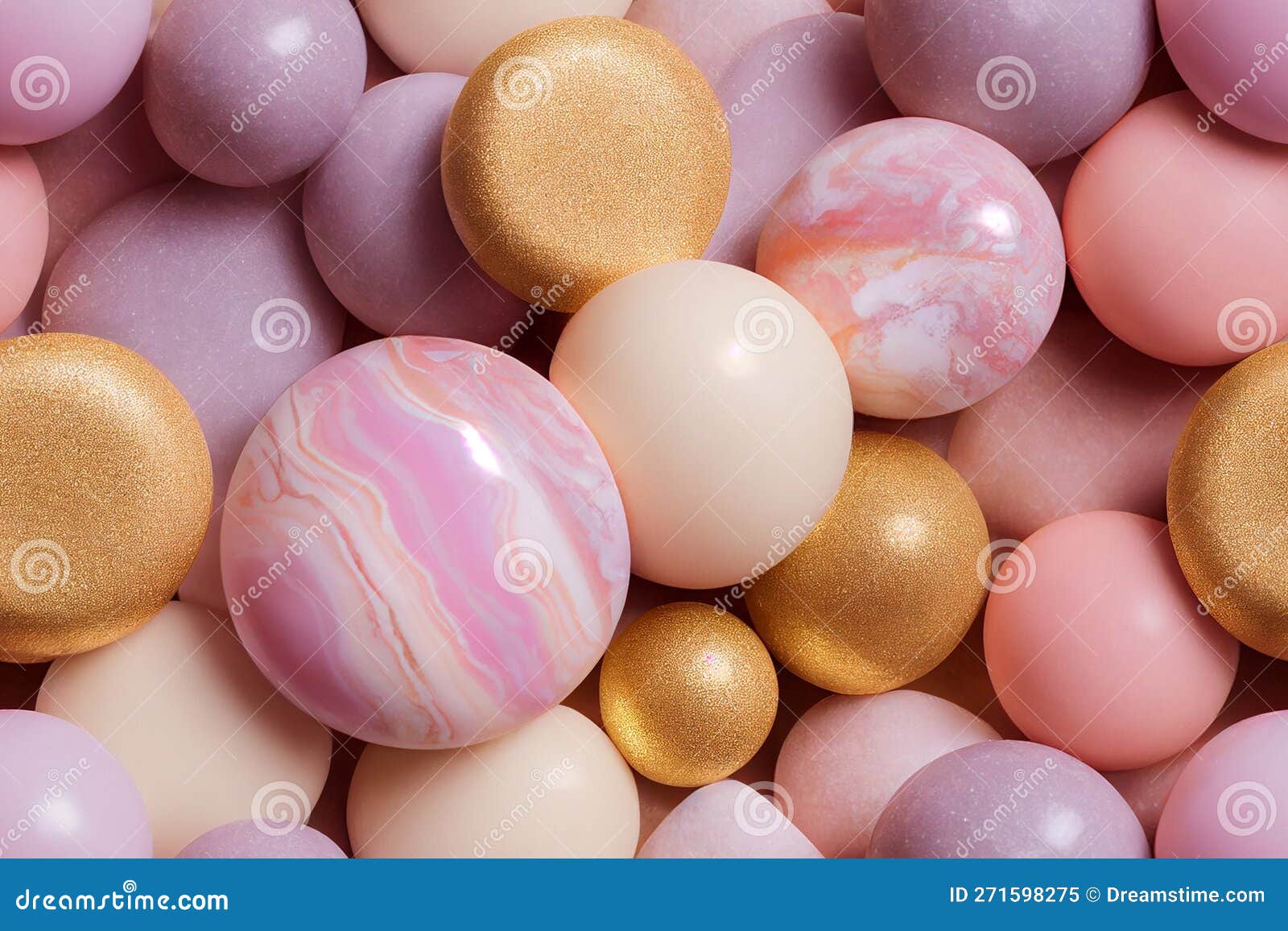 3d Illustration. Seamless Pattern of Pastel Pink and Gold Marble Balls