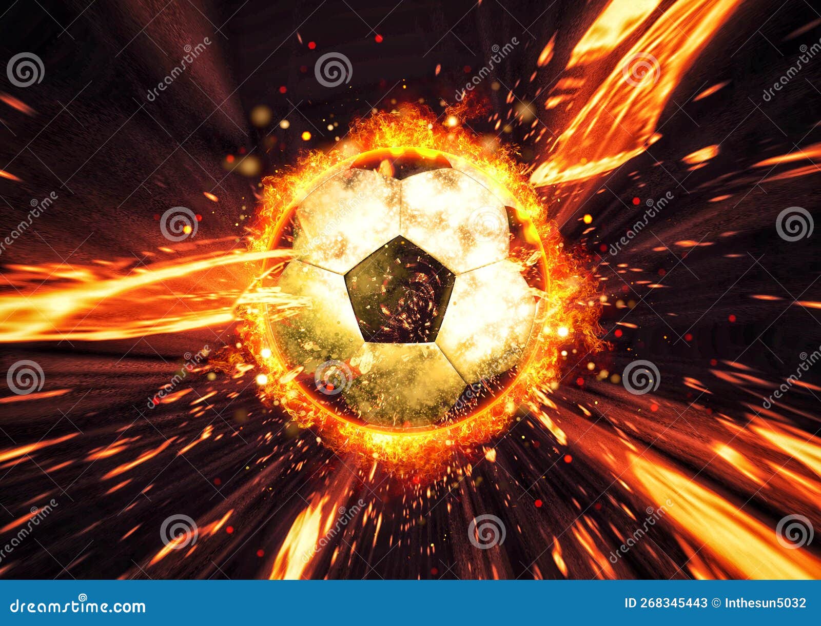 3d Illustration of a Soccer Ball Exploding and Burning Stock
