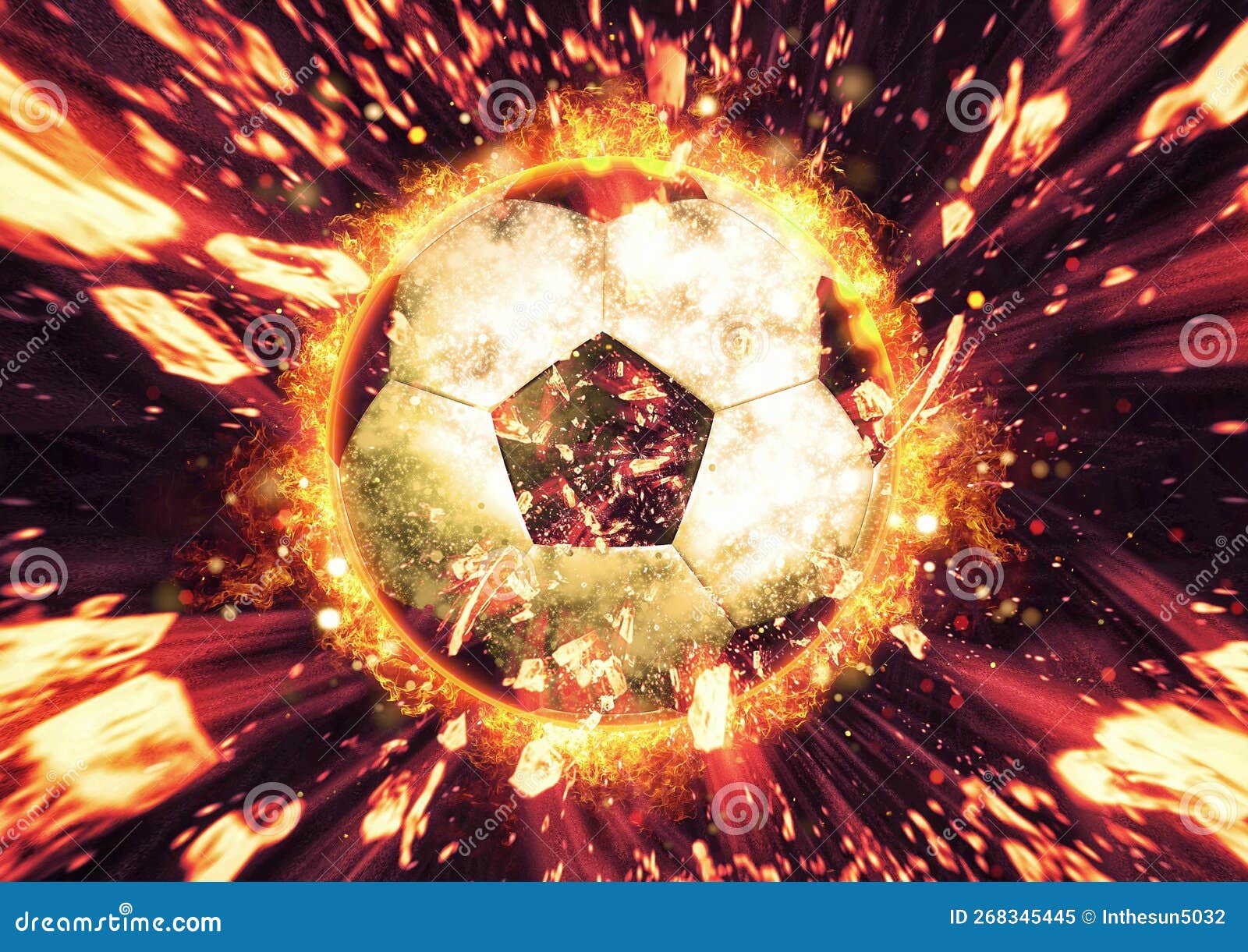 3d Illustration of a Soccer Ball Exploding and Burning Stock
