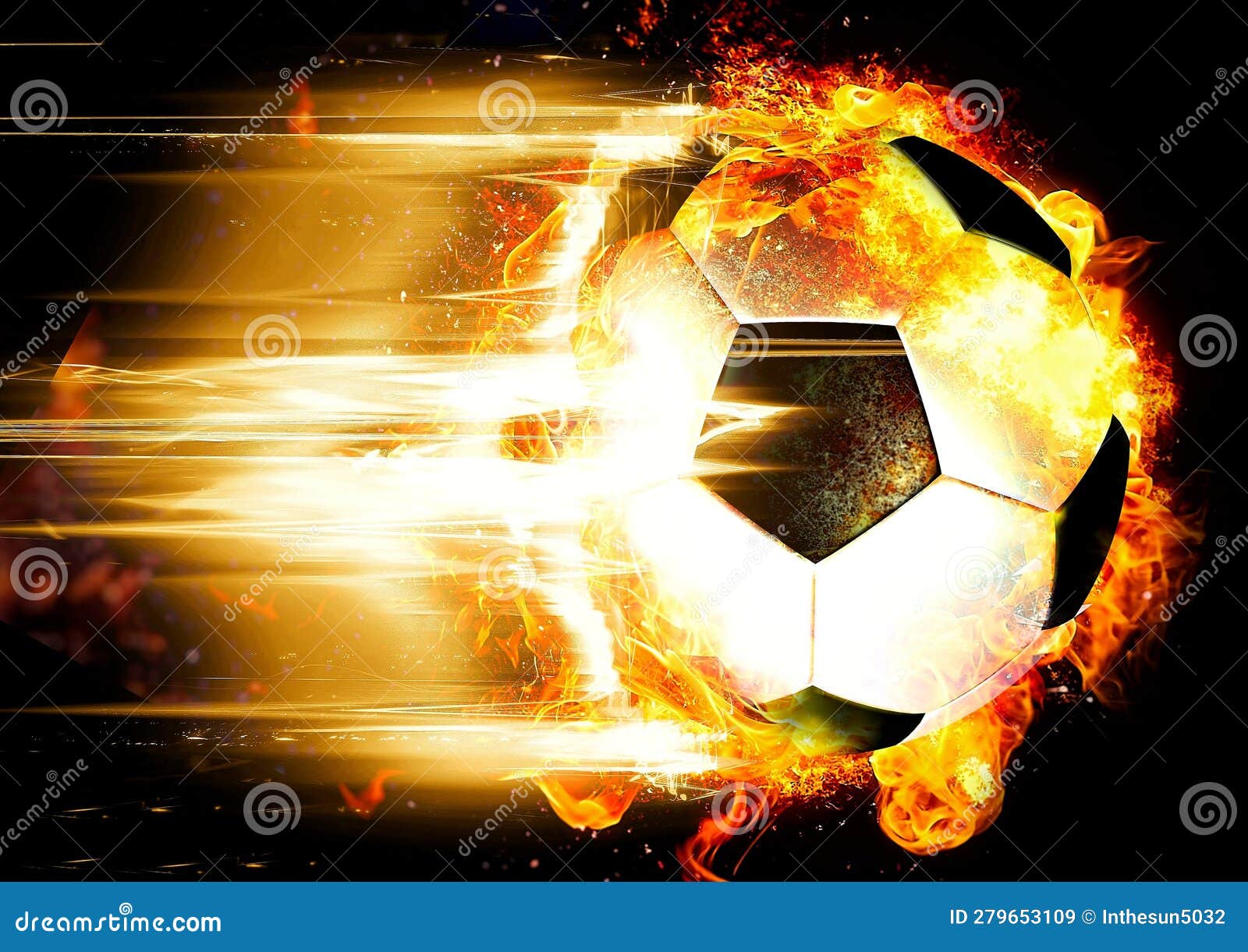 3d Illustration of a Soccer Ball with Exploding Flames Stock