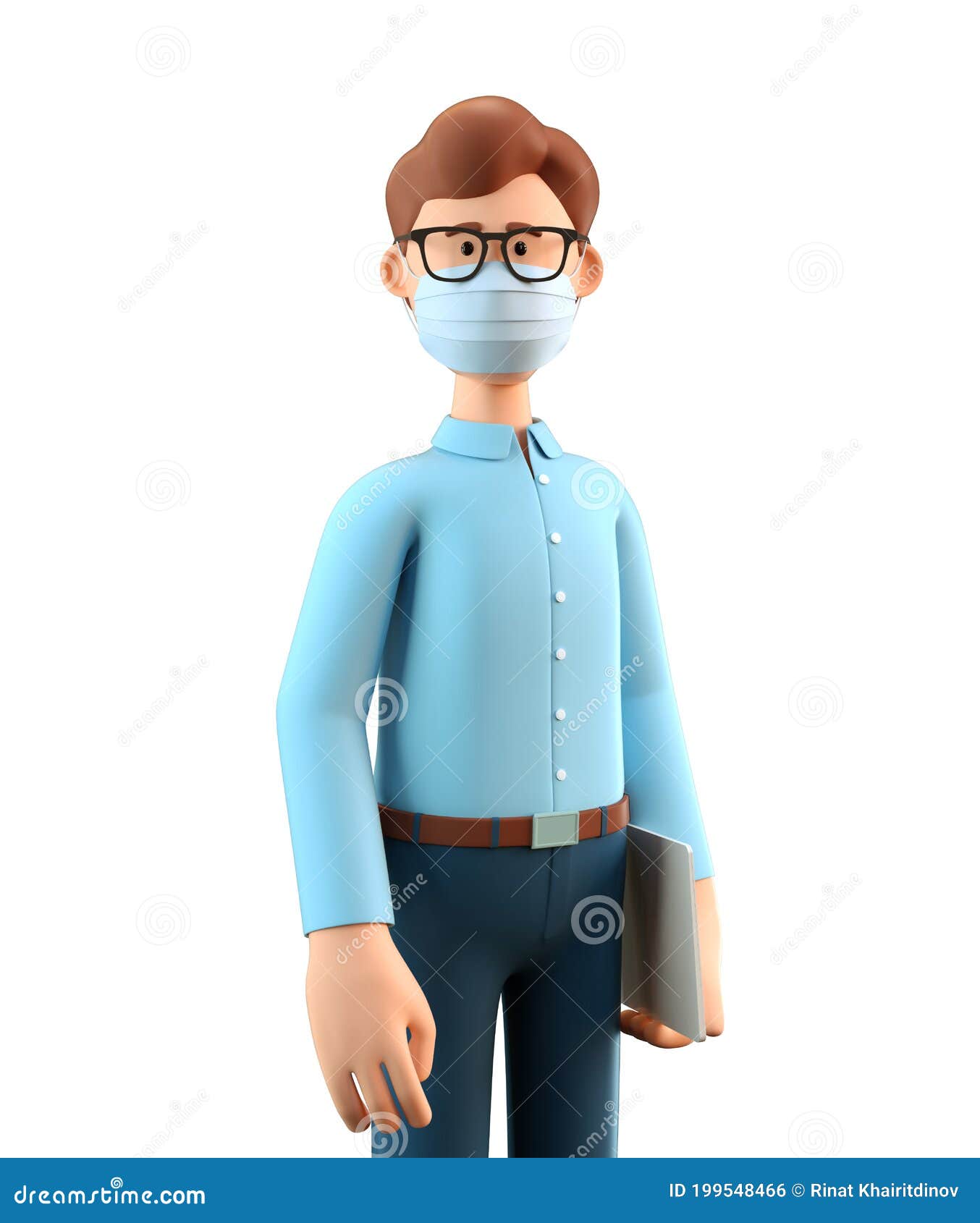 3D Illustration of Standing Man Wearing Protective Face Mask. Cartoon  Businessman with Tablet, Isolated on White Background Stock Illustration -  Illustration of isolated, background: 199548466