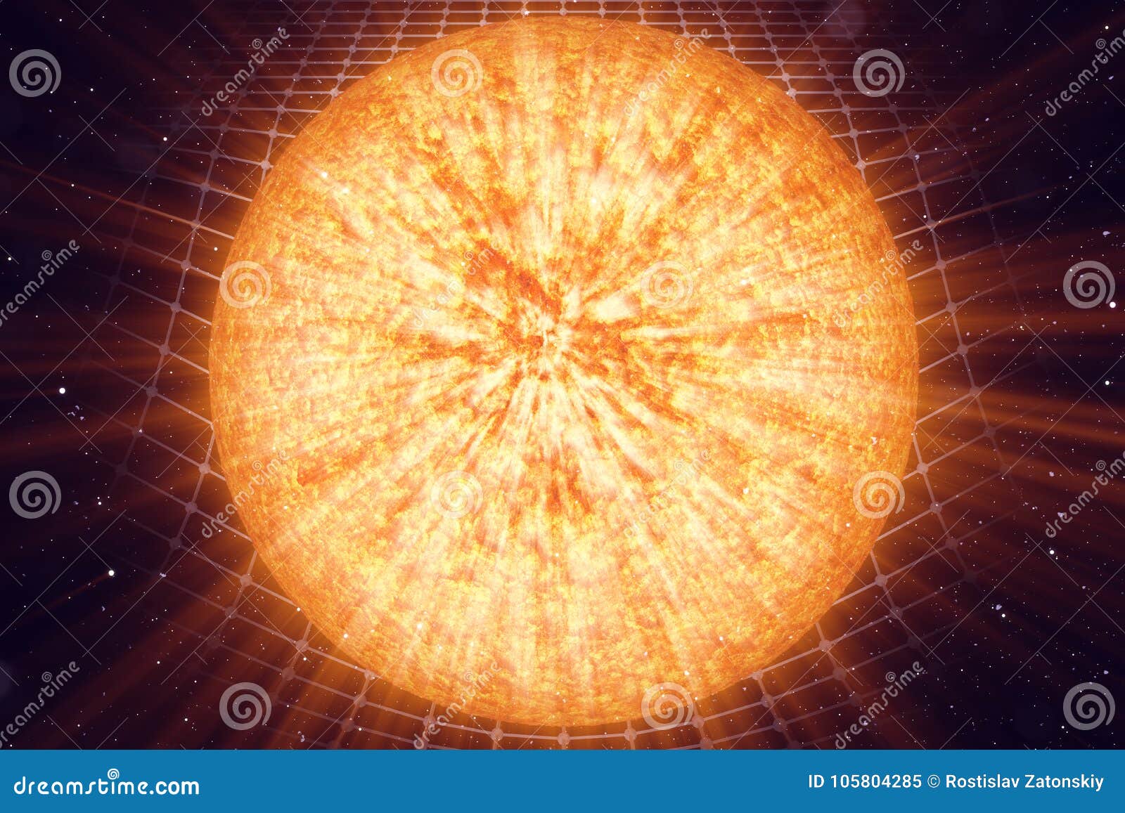 3d  sun gravity bends space around it. with bokeh effect. concept gravity deforms space time grid around