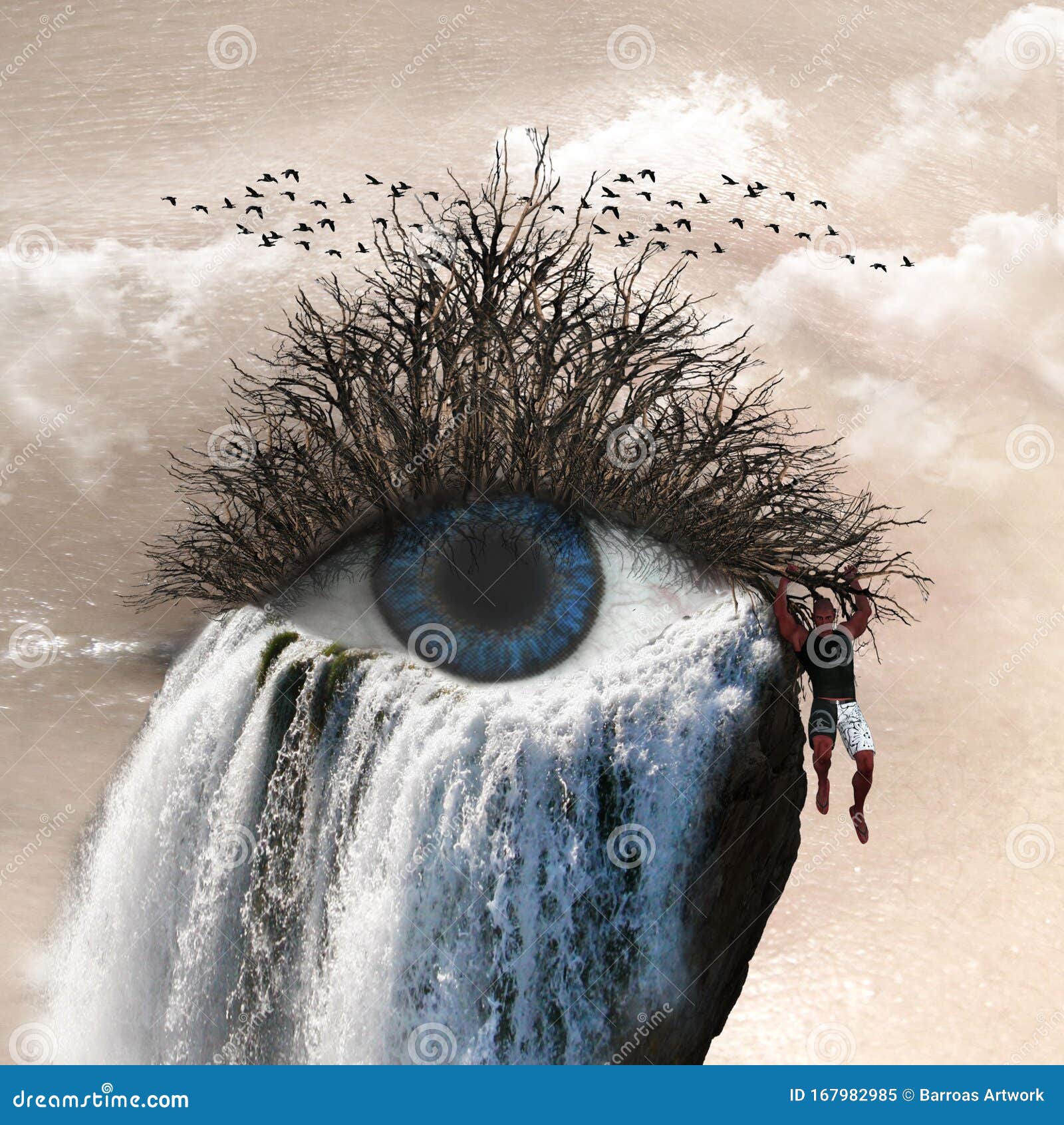 3d  of surrealism showing a man holding on a branch attached to an eye