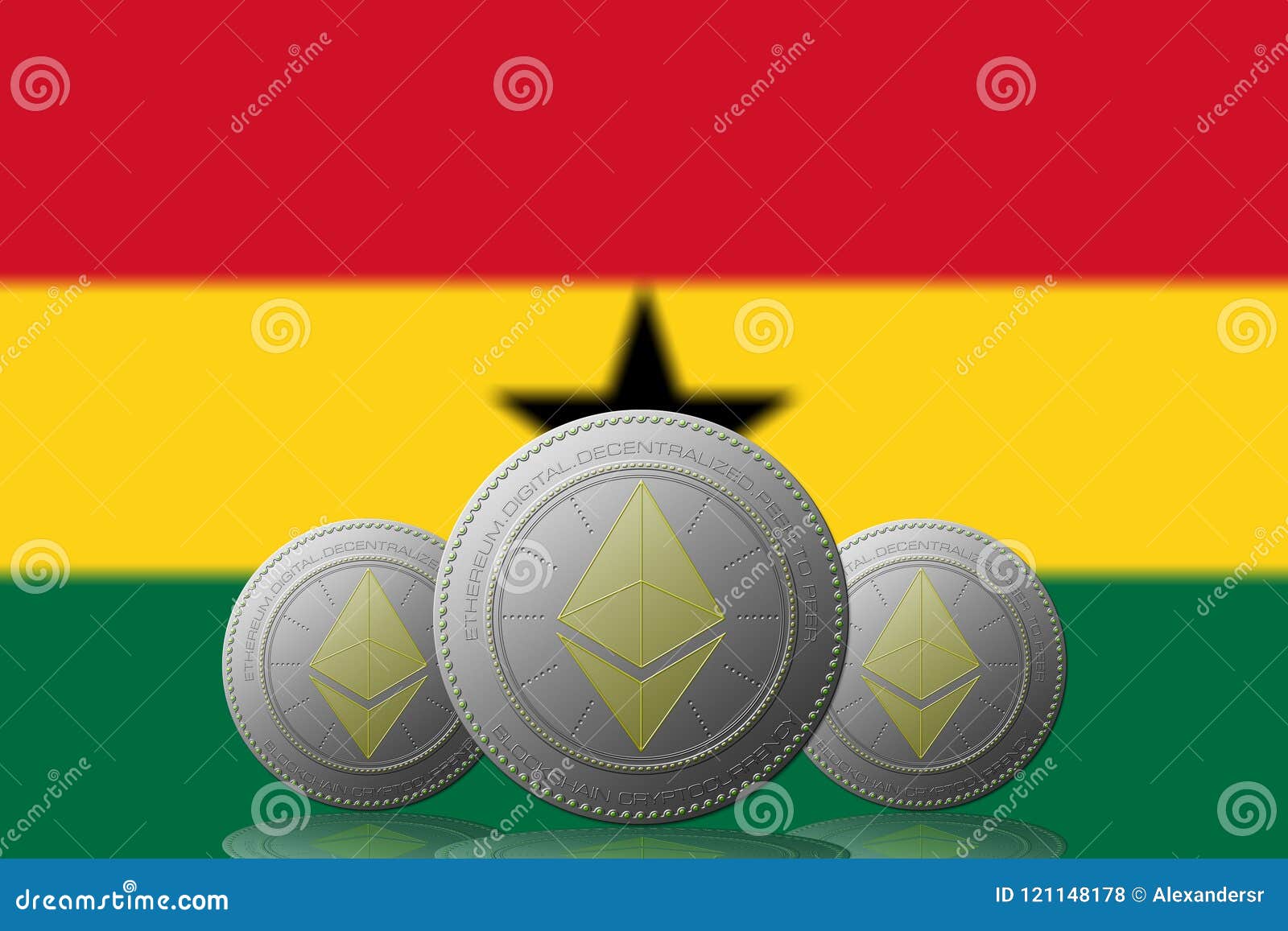 3D ILLUSTRATION Three ETHEREUM Cryptocurrency with Ghana Flag on Background  Editorial Stock Photo - Illustration of background, coin: 121148178