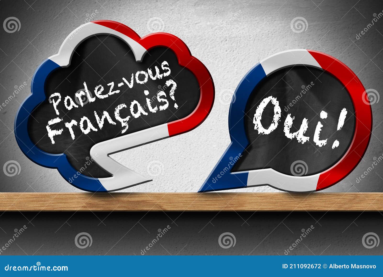 Parlez-vous Francais and Oui - Two Speech Bubbles on Wooden Shelf Stock ...