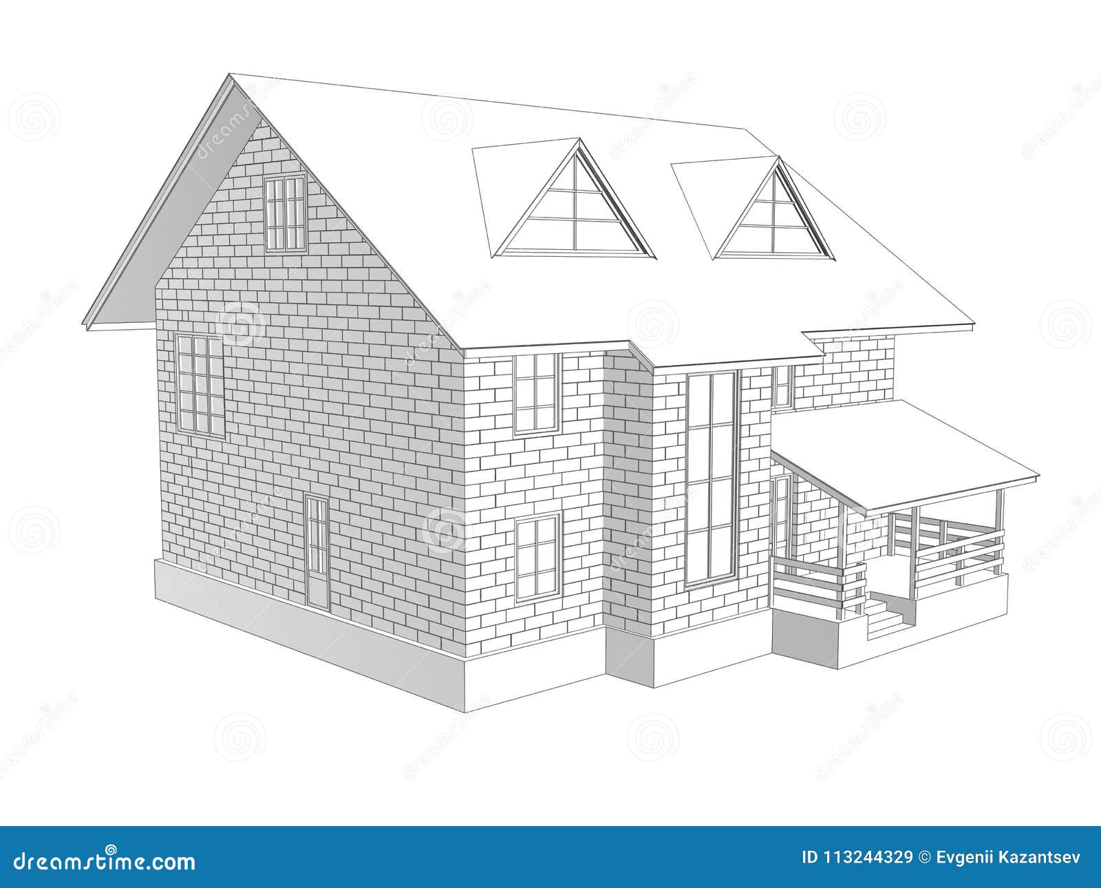 3d Illustration of a Two-storey Cottage House. Linear and Tonal Drawing  Stock Illustration - Illustration of linear, drawing: 113244329