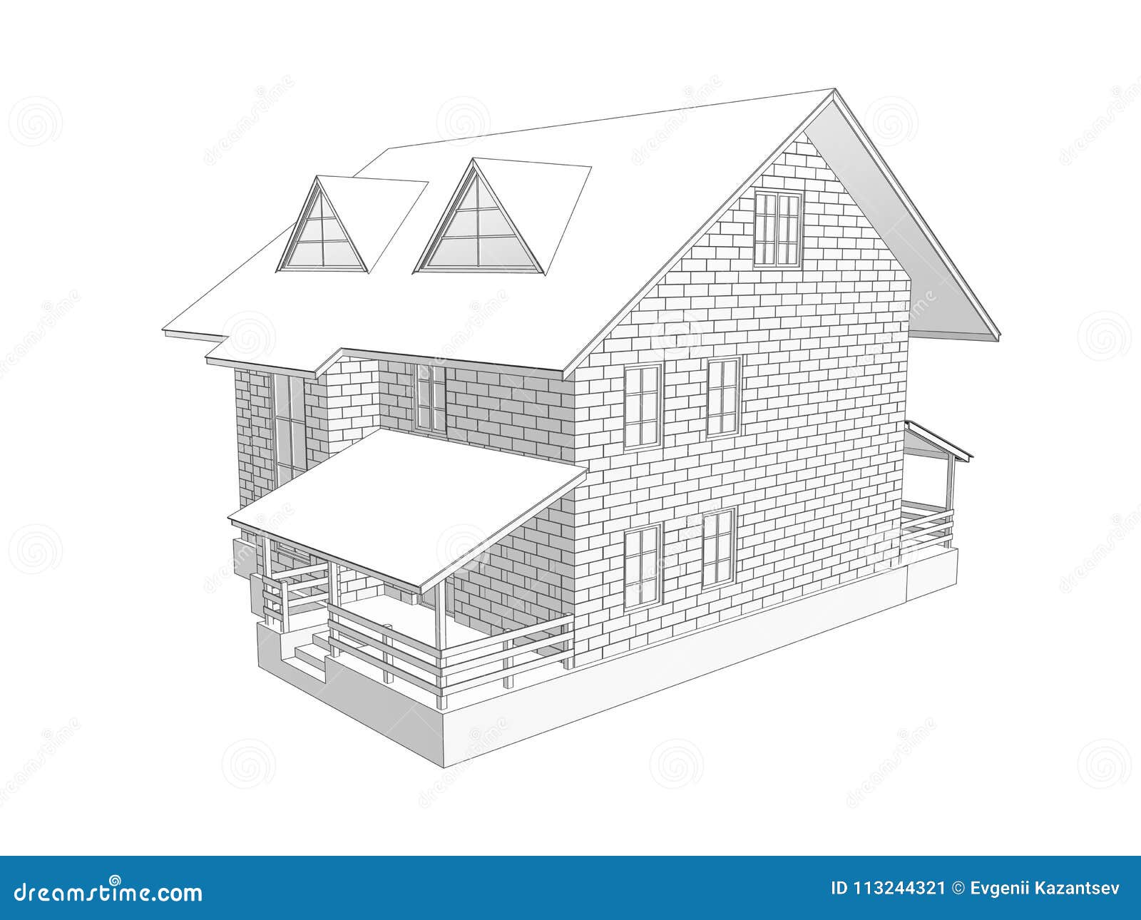 3d Illustration of a Two-storey Cottage House. Linear and Tonal Drawing.  Walls from Blocks Stock Illustration - Illustration of foam, blocks:  113244321