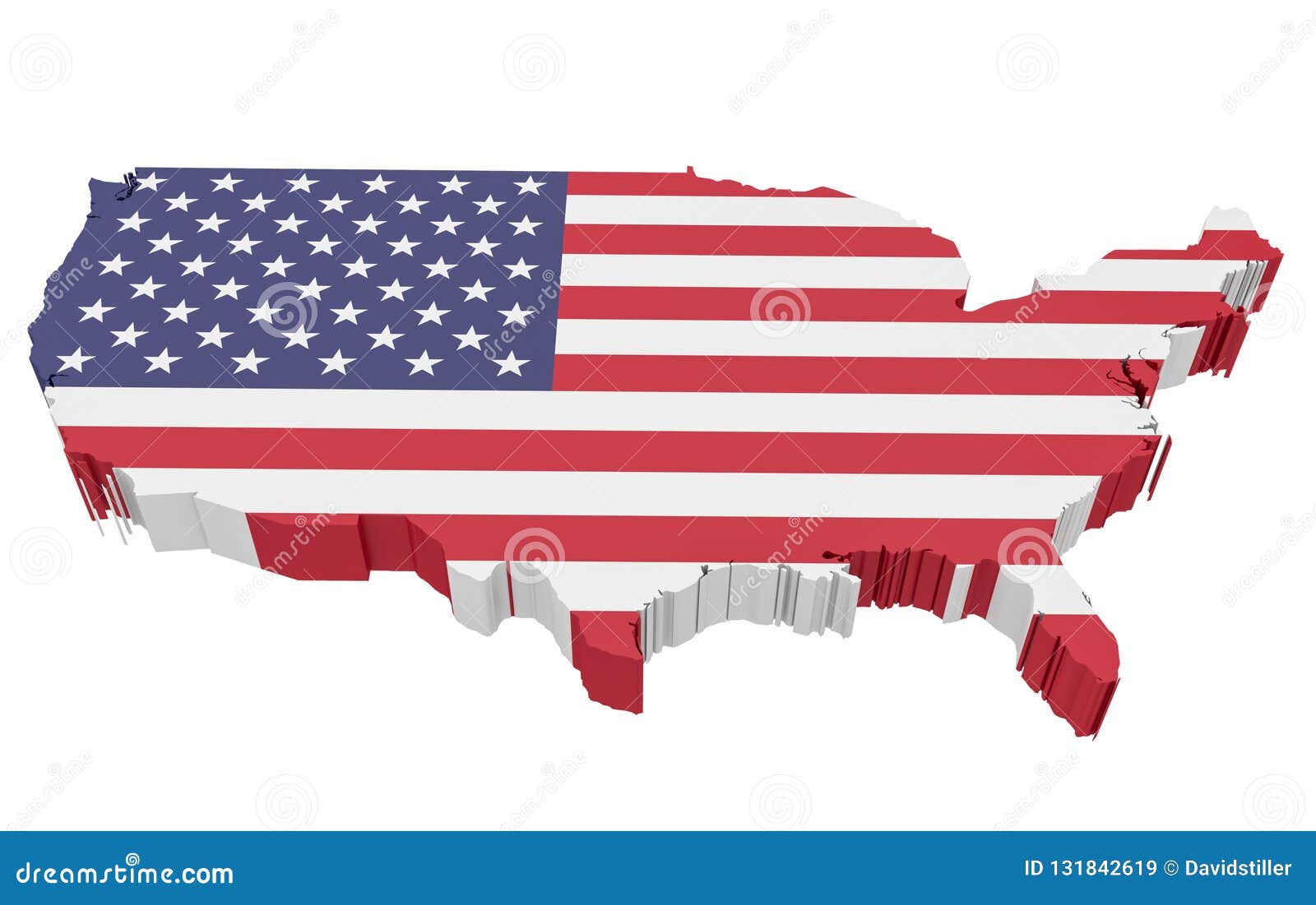 3d Illustration Of Usa Map With Us Flag On White Background Stock