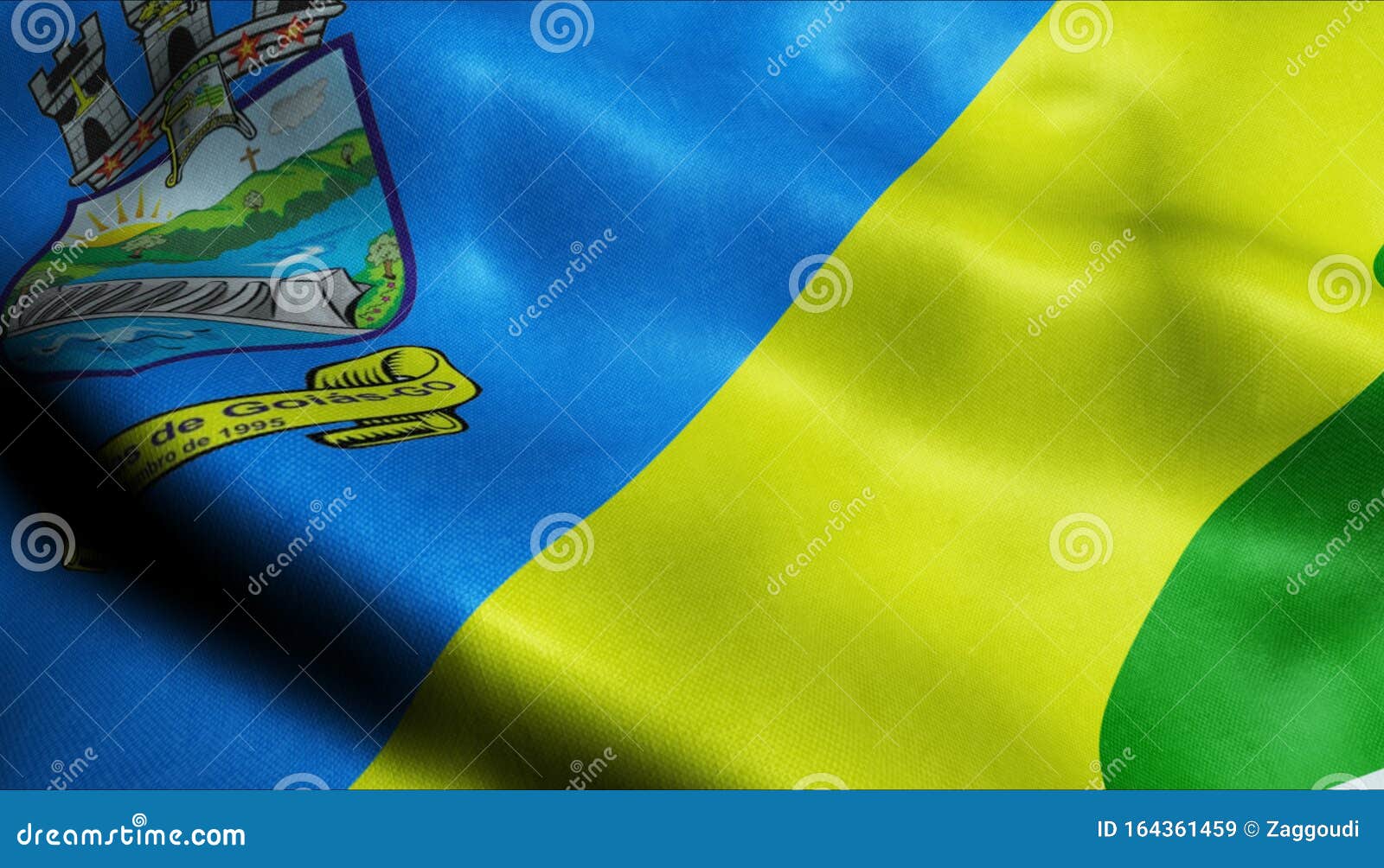 3d waving brazil city flag of aguas lindas de goias closeup view