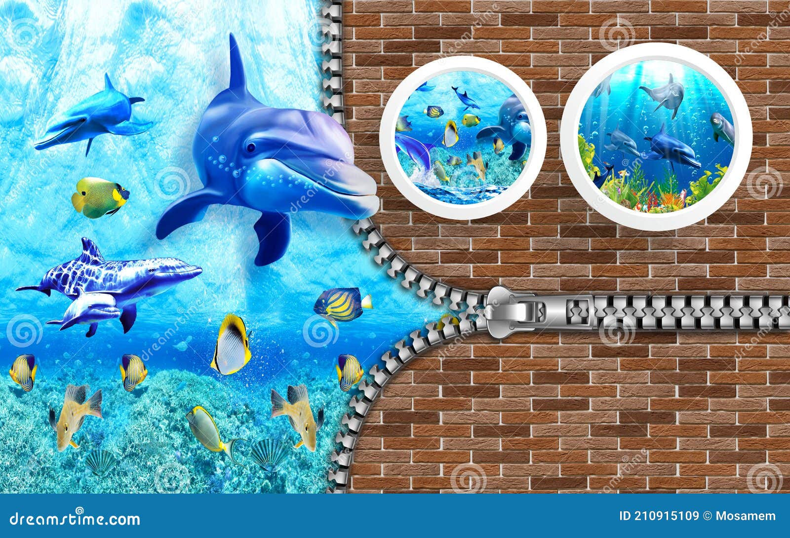 3d Ilustración Fondo De Pantalla Bajo Mar Delfín Peces Arrecife De Coral  Con Ladrillos De Pared De Fondo . Cremallera Abierta En L Stock de  ilustración - Ilustración de delfines, digital: 210915109