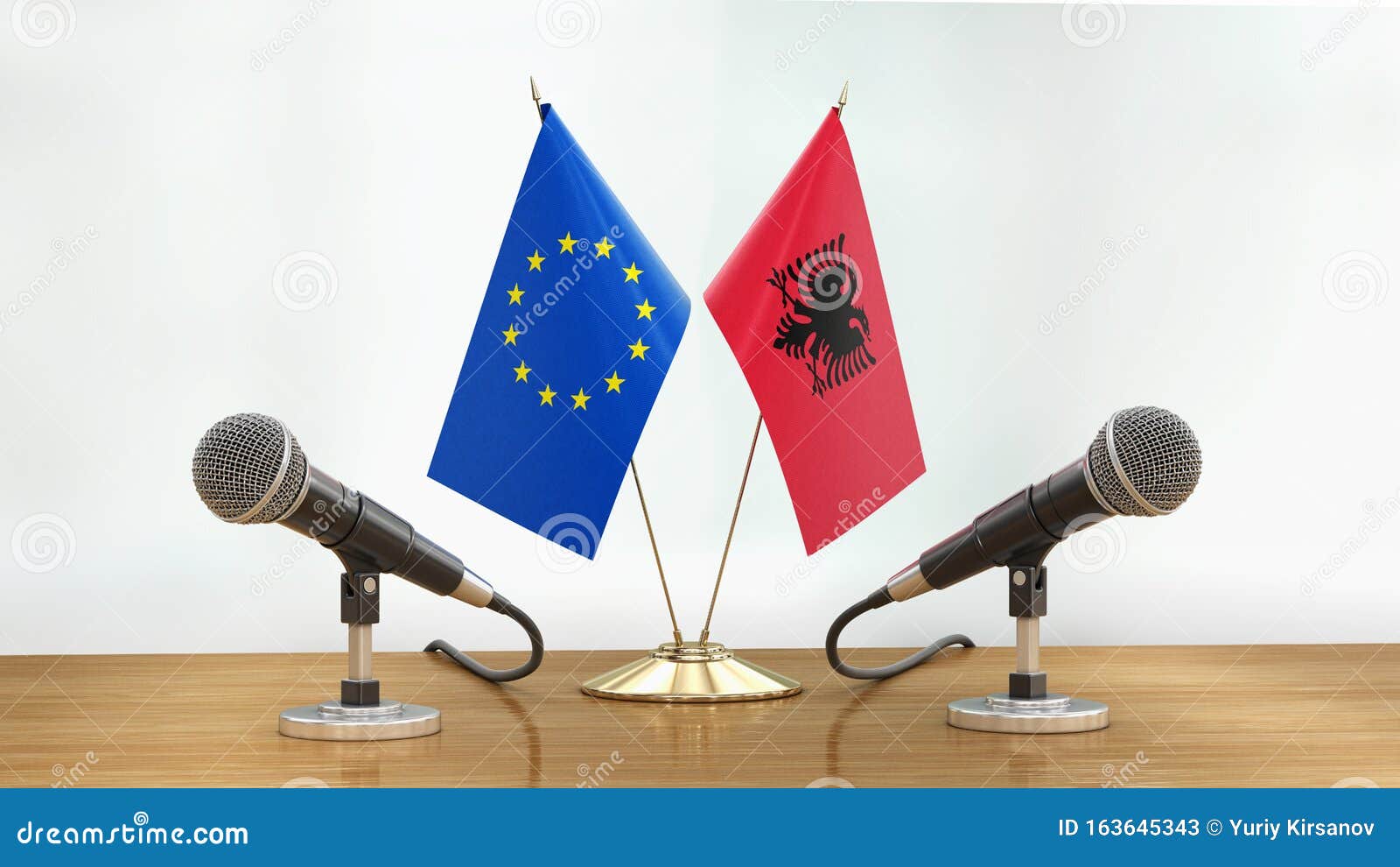 3d Image of Microphones and flags pair on a desk over defocused background