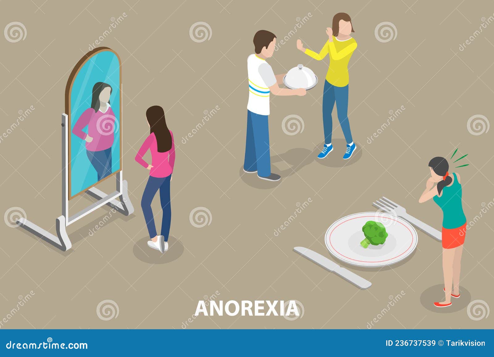 3d isometric flat  conceptual  of anorexia nervosa