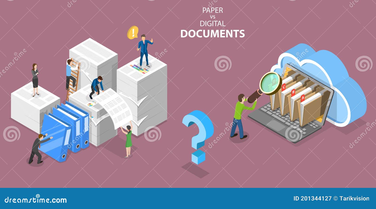 3D Isometric Flat Vector Conceptual Illustration of Paper VS Digital Documents. Stock Vector