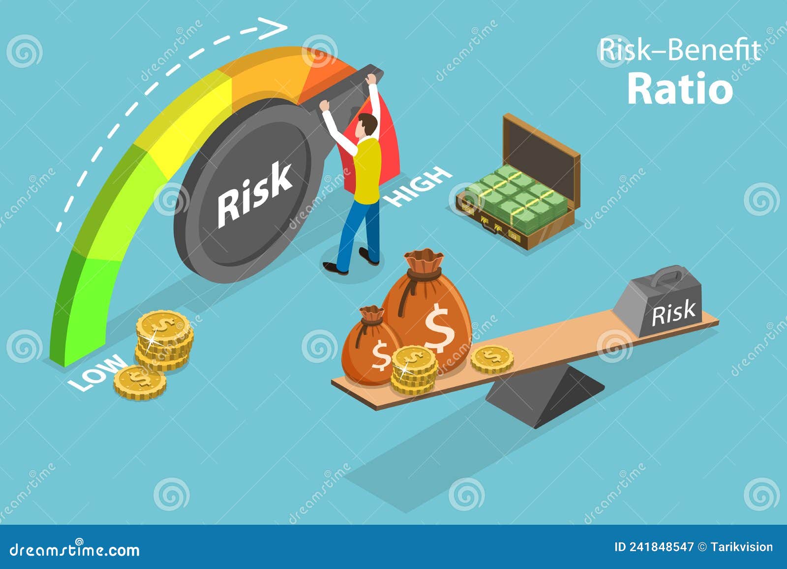 3D Isometric Flat Vector Conceptual Illustration of Risk Benefit Ratio