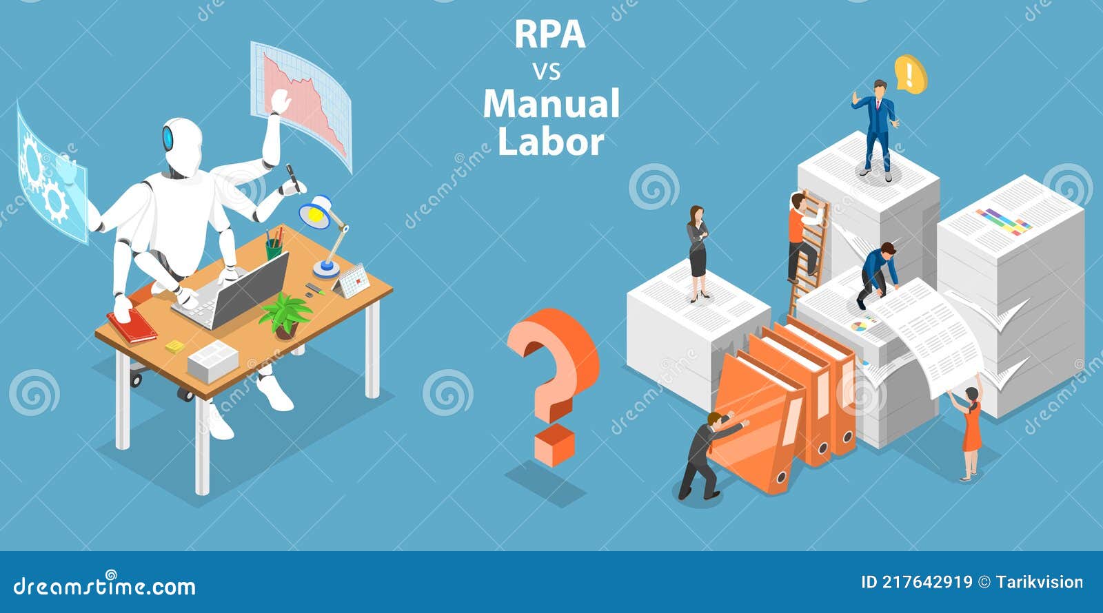 3d isometric flat  conceptual  of rpa vs manual labor