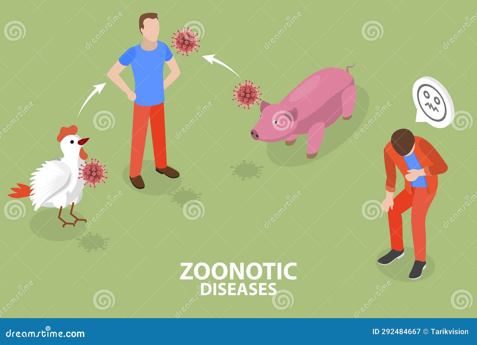 3d isometric flat  conceptual  of zoonotic diseases