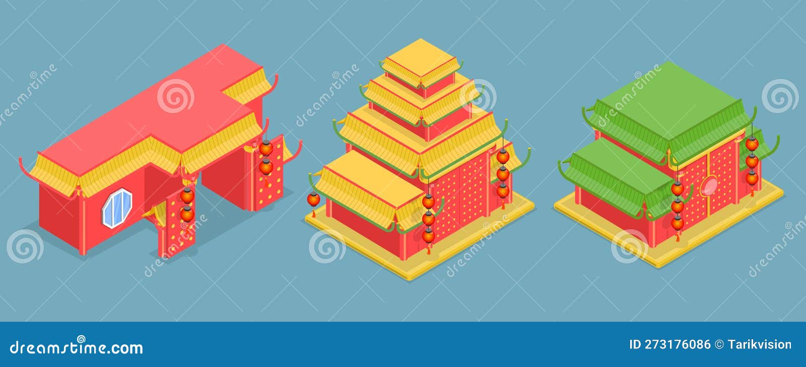 3D Isometric Flat Vector Set of Chinese Temples Stock Illustration