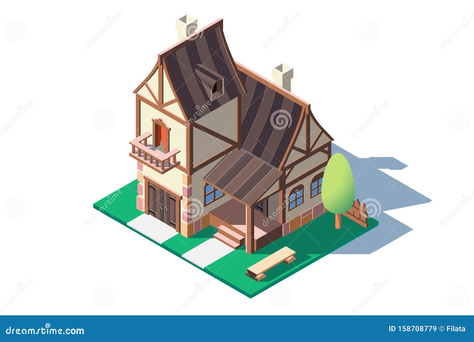 Download 3d Isometric Large Classic Village House With Green Tree. Stock Vector - Illustration of ...
