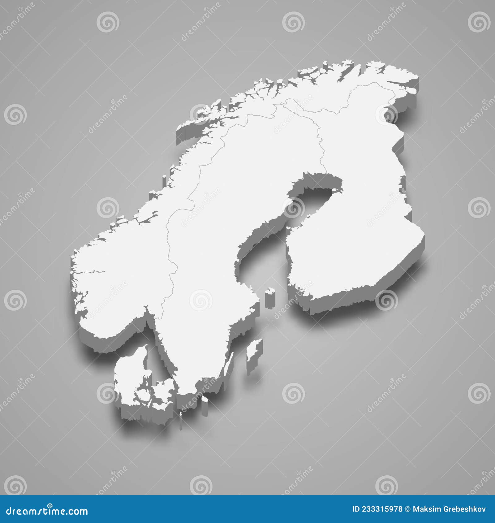 3d isometric map of scandinavia region,  with shadow