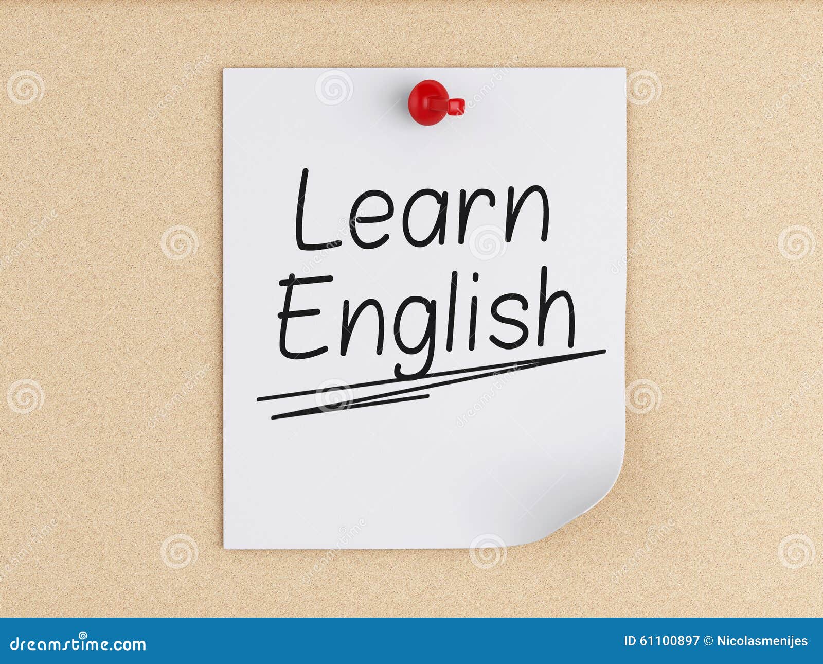 3d Learn English, Word On Postit Over Cork. Stock Illustration