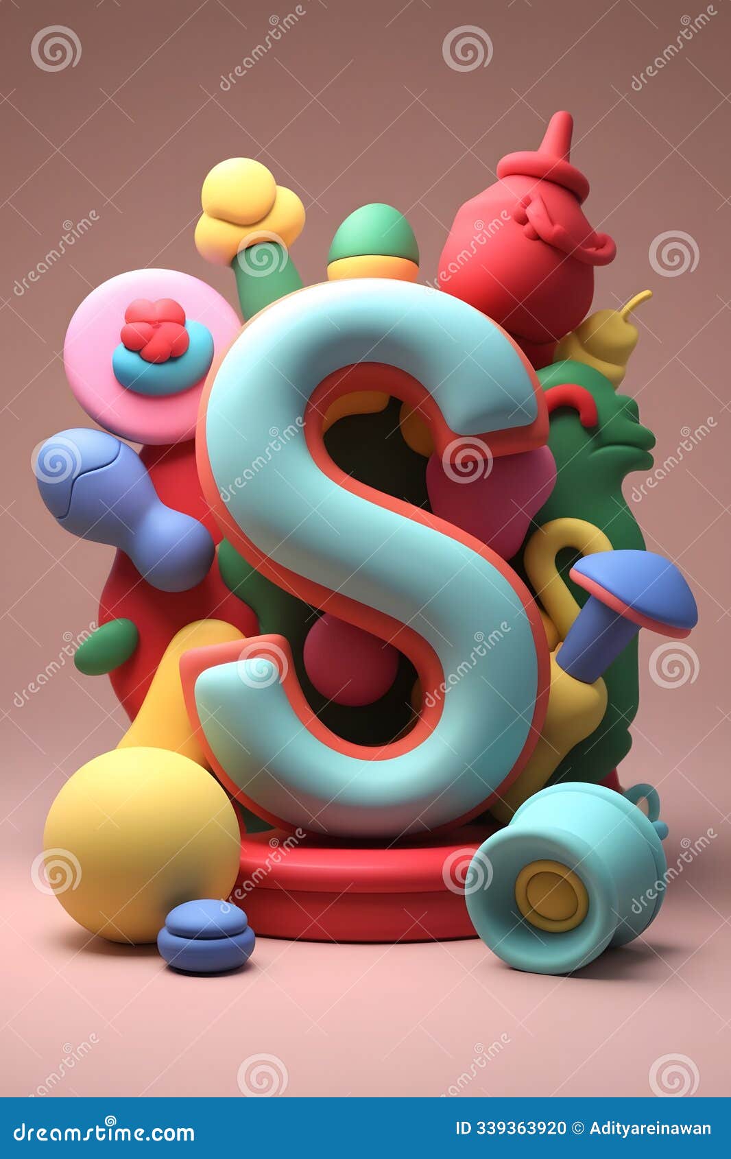 3d letter 's' render surrounded by colorful playful objects