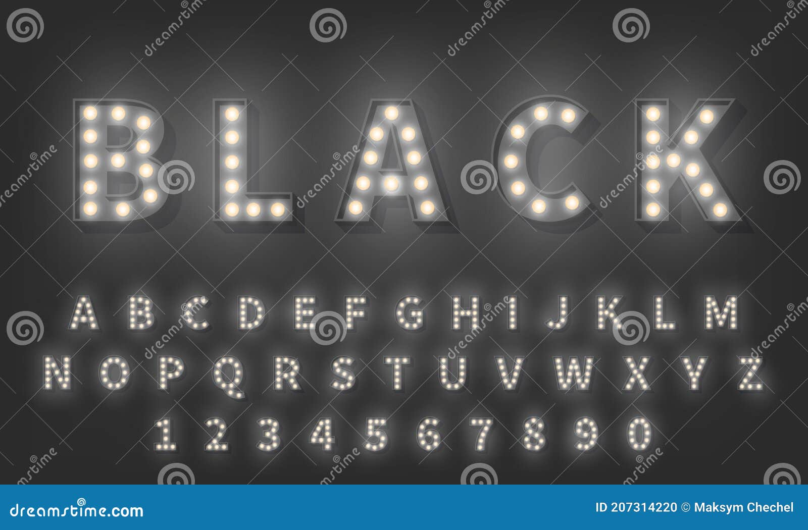 3d light bulb alphabet. dark style 3d retro typography typeface