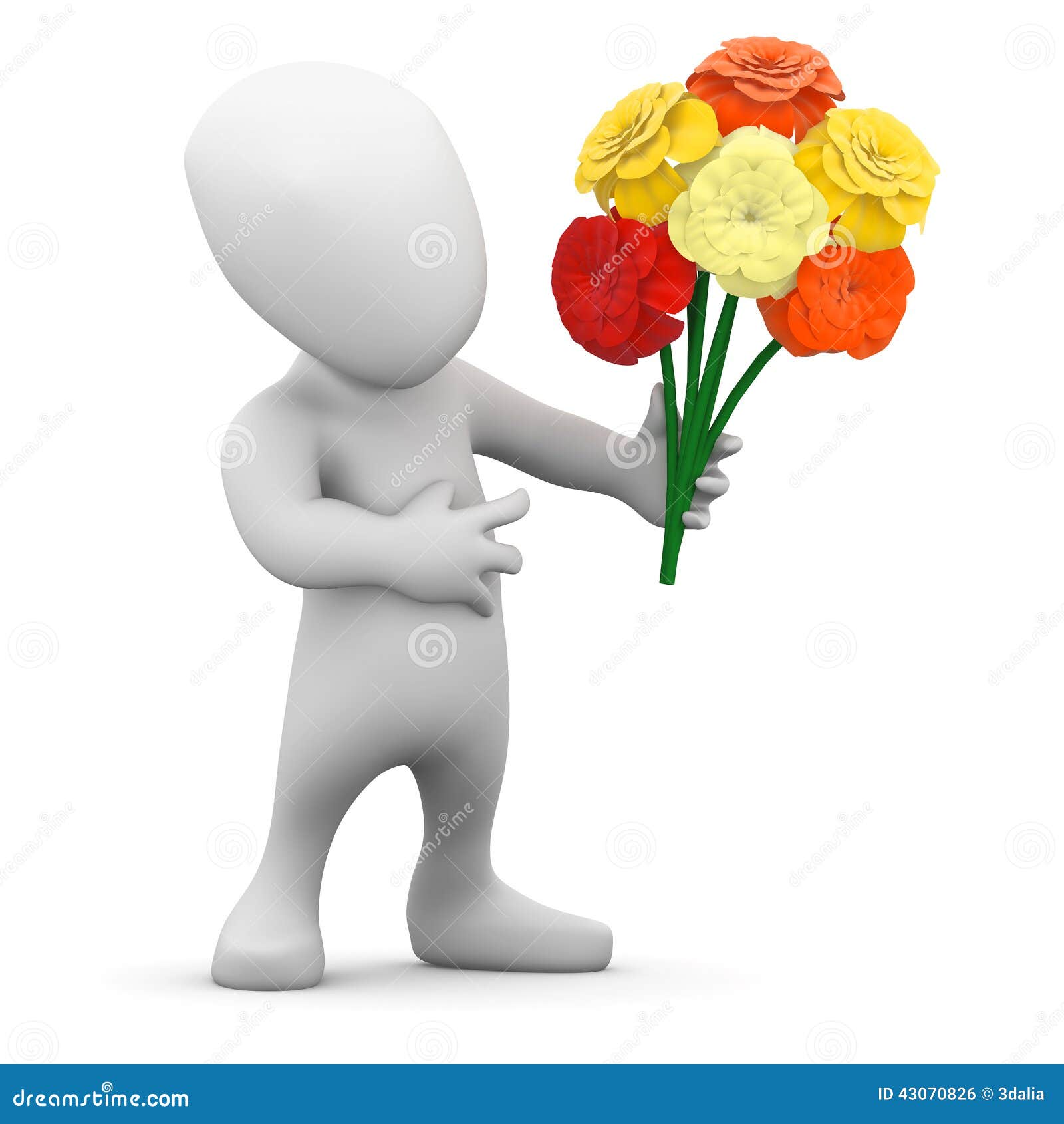 d little man holds bunch flowers render person holding 43070826